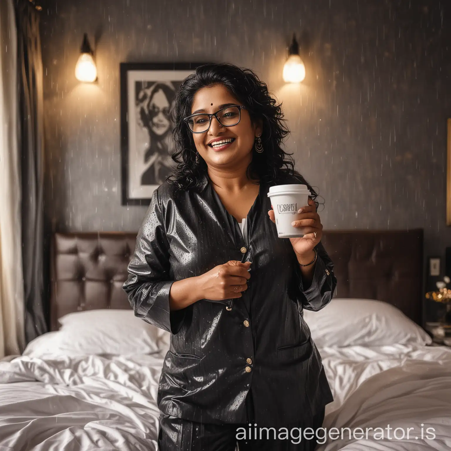 a mature fat indian  woman with 45 years old age wearing Prescription Eyeglasses on face with curvy body wearing a judge suit with full make up ,open hair style, holding a   cup of coffee  , sleeping  on a luxurious bed , she is happy and smiling, its evening and raining  and a lot of lights are there, she is wet  and a indian muscular man is near her