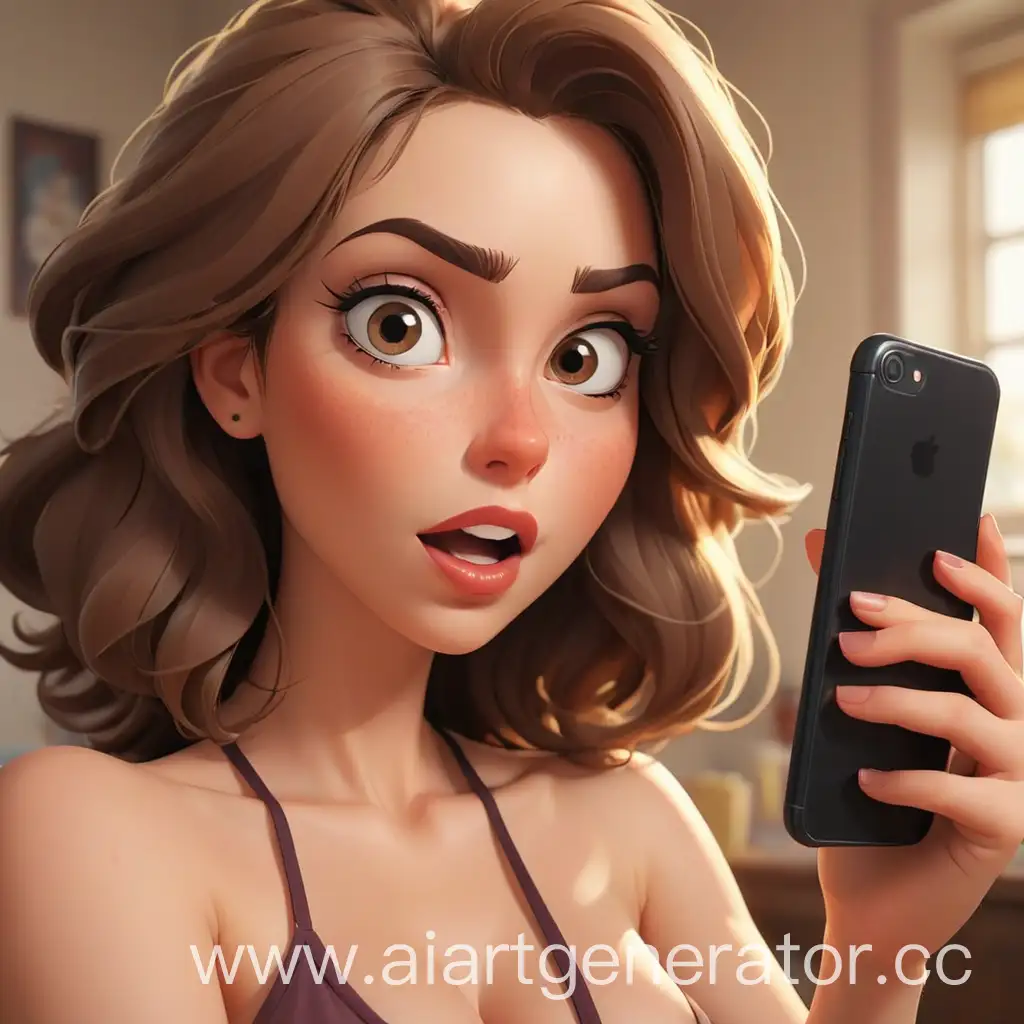 Cartoon-Woman-Taking-Selfie-on-Smartphone-in-Playful-Pose