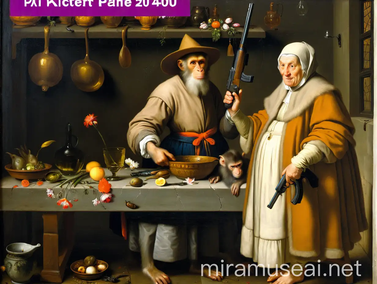 Old Woman in Kitchen with Gun and Monkeys Fine Detail Oil Painting on Canvas
