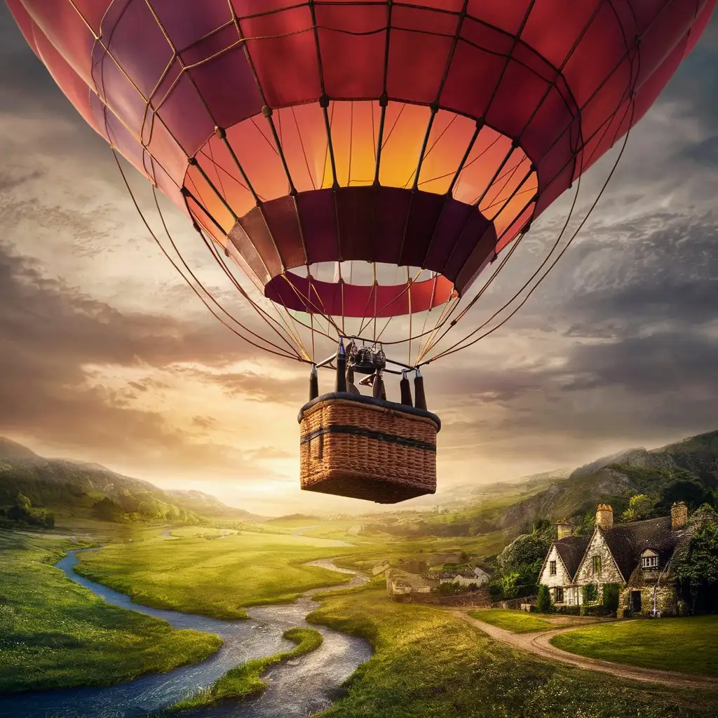 A photorealistic close-up of a hot air balloon floating over a stunning landscape.