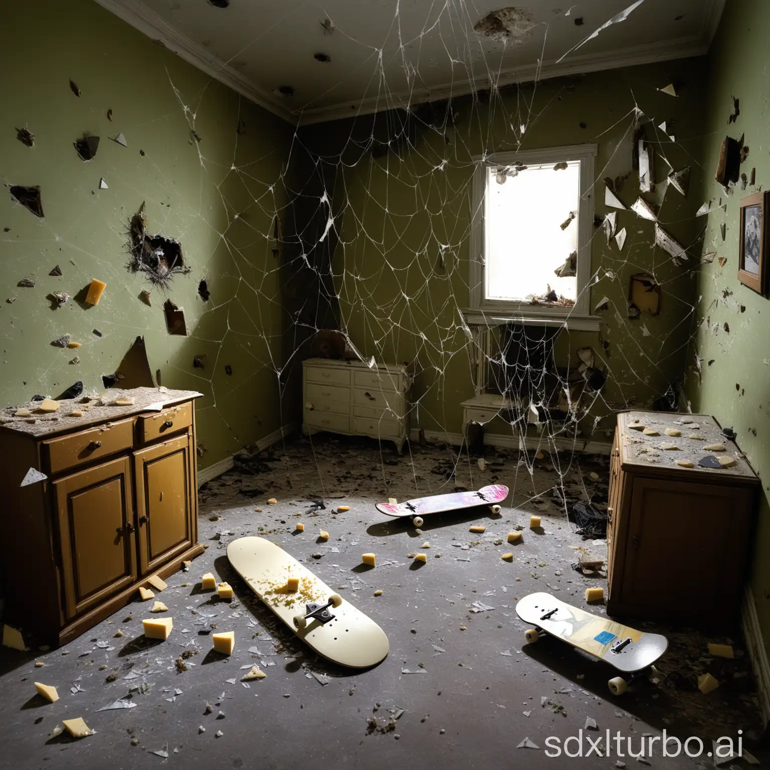 A small room everywhere with spiderwebs. In one corner a dead rat. In the middle of the room a broken skateboard and many shards. A moldy cheese bread. To the right of the wall an old cabinet.