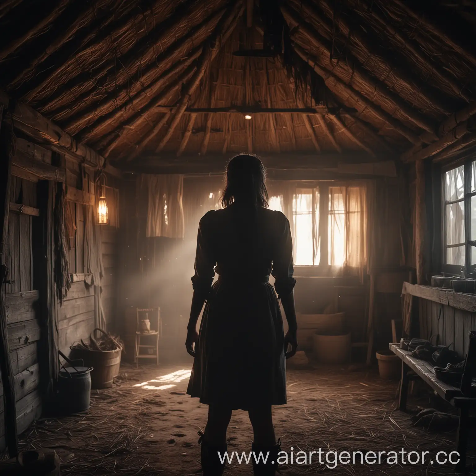 Show the sinister atmosphere inside the hut and the girl Anna. 4K cinematic