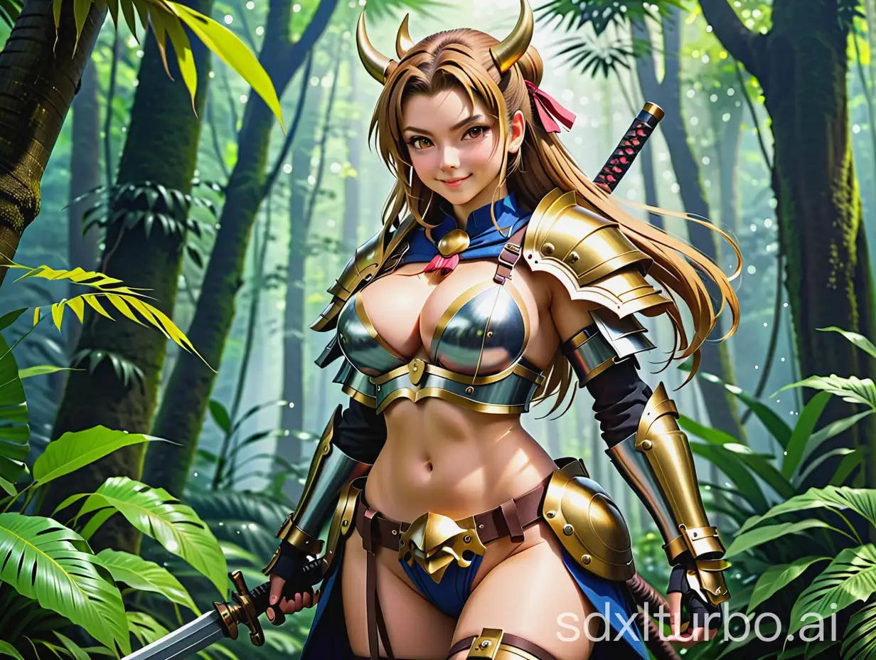 Ibuki Suika , 1girl, golden eyes, golden brown hair, smile , two brown horns,gigantic breasts , thick thighs,holding a machine gun ,on jungle,( full samurai armor ),best_quality, super detailed and realistic,trending on cg society, pixie,full body photo image