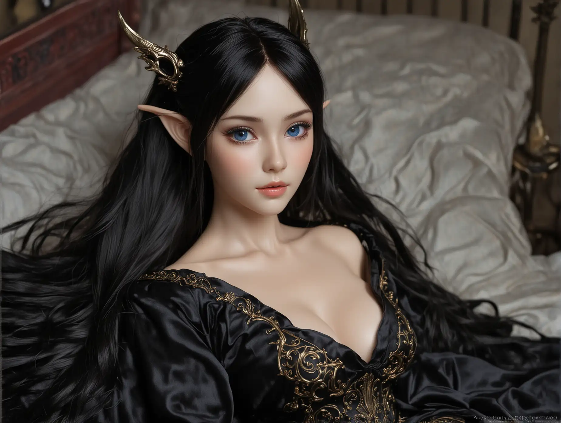 Featuring  a fantasy  beautiful Taiwanese elf very pointy and long ears with shiny black hair. Going to bed under her silky sheets in her medieval lightly  lighten bed chamber. She wears a black  shinny thin night gown /Taiwanese tall girl long hair Height 5’6” Weight 114 lbs , Breast Size 32a , Waist Size 23 , Hip Size 32 , Body Figure 32-23-32 bright Blue eyes / long elf ears