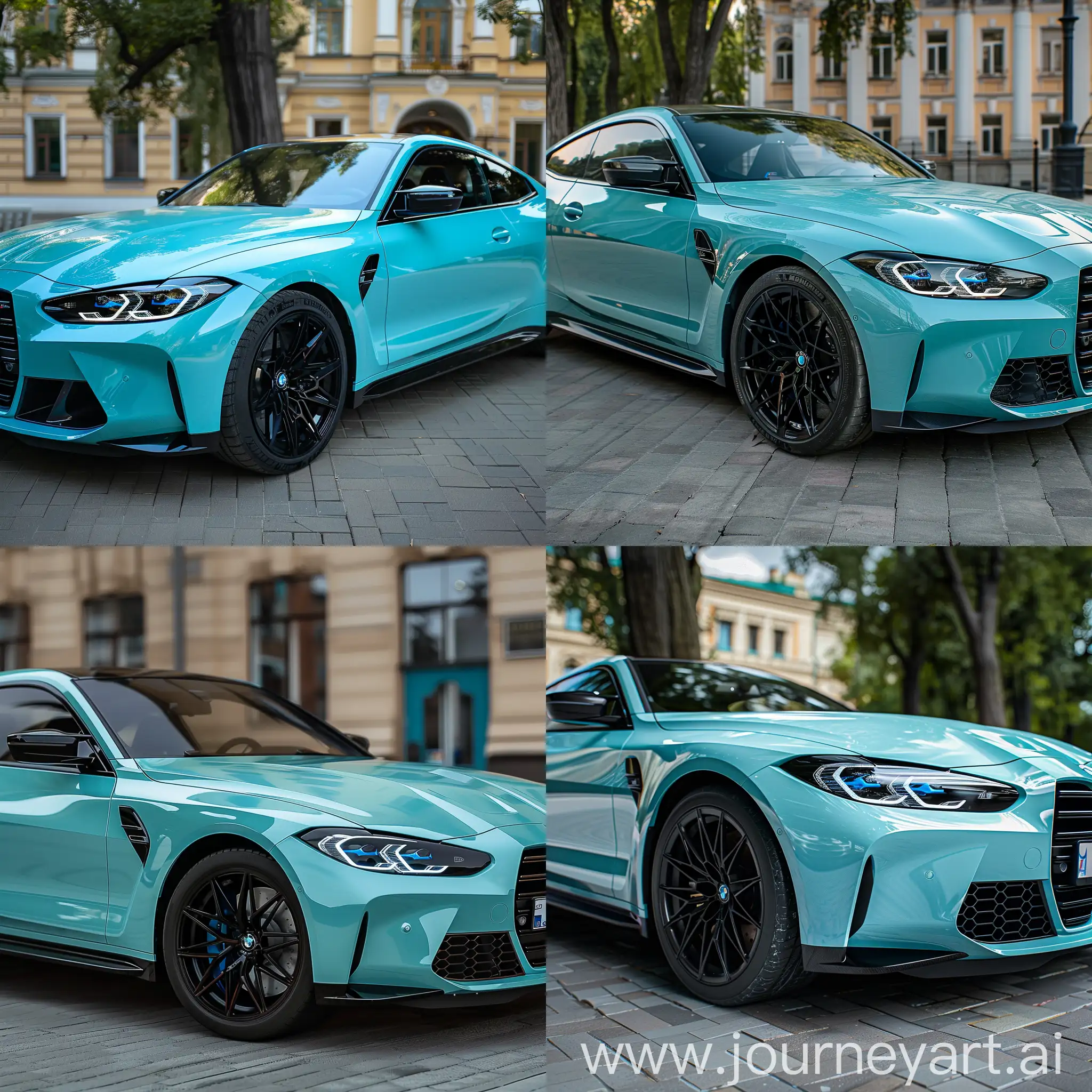 Realistic bmw m4 2023 in special mint blue with black rims parked in Moscow realistic 8k photo realistic snap style