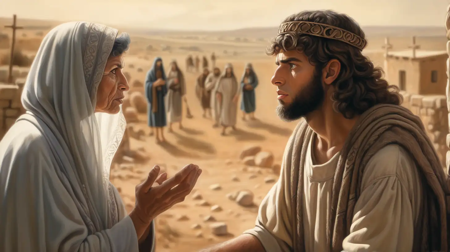 epoque biblique, un jeune homme hébreu regarde méchamment sa mère