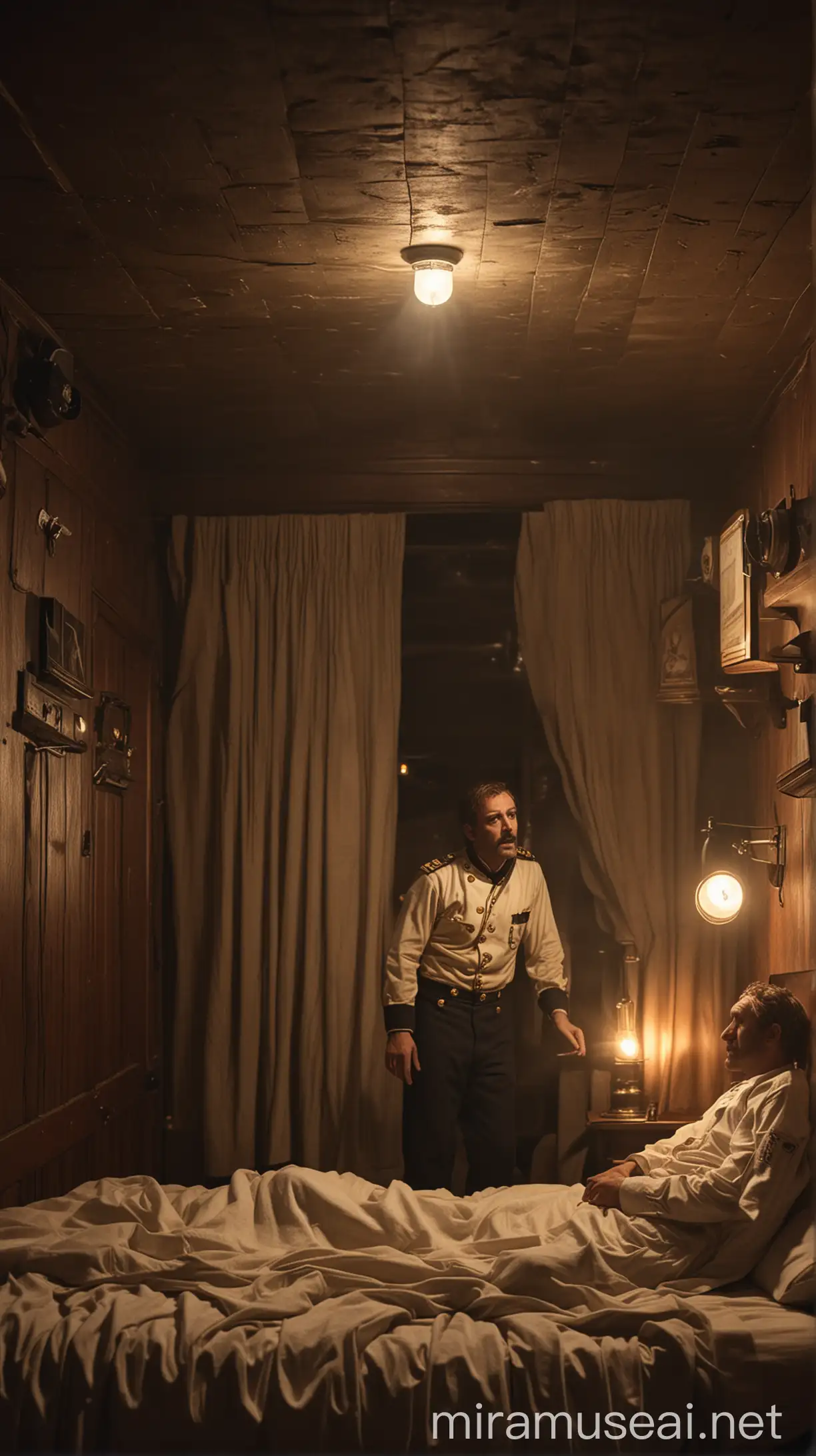 Inside Captain Stanley Lord's cabin on the SS Californian, he is seen in bed, being woken by a crew member reporting the flares. The captain looks dismissive and uninterested, waving off the crew member's concerns. The cabin is dimly lit, highlighting his indifference. hyper realistic