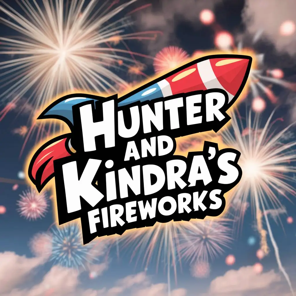 a logo design,with the text "Hunter and Kindra's Fireworks", main symbol:A firework bottle rocket . cartoon style  Red, white and blue colors clear back ground,complex,clear background