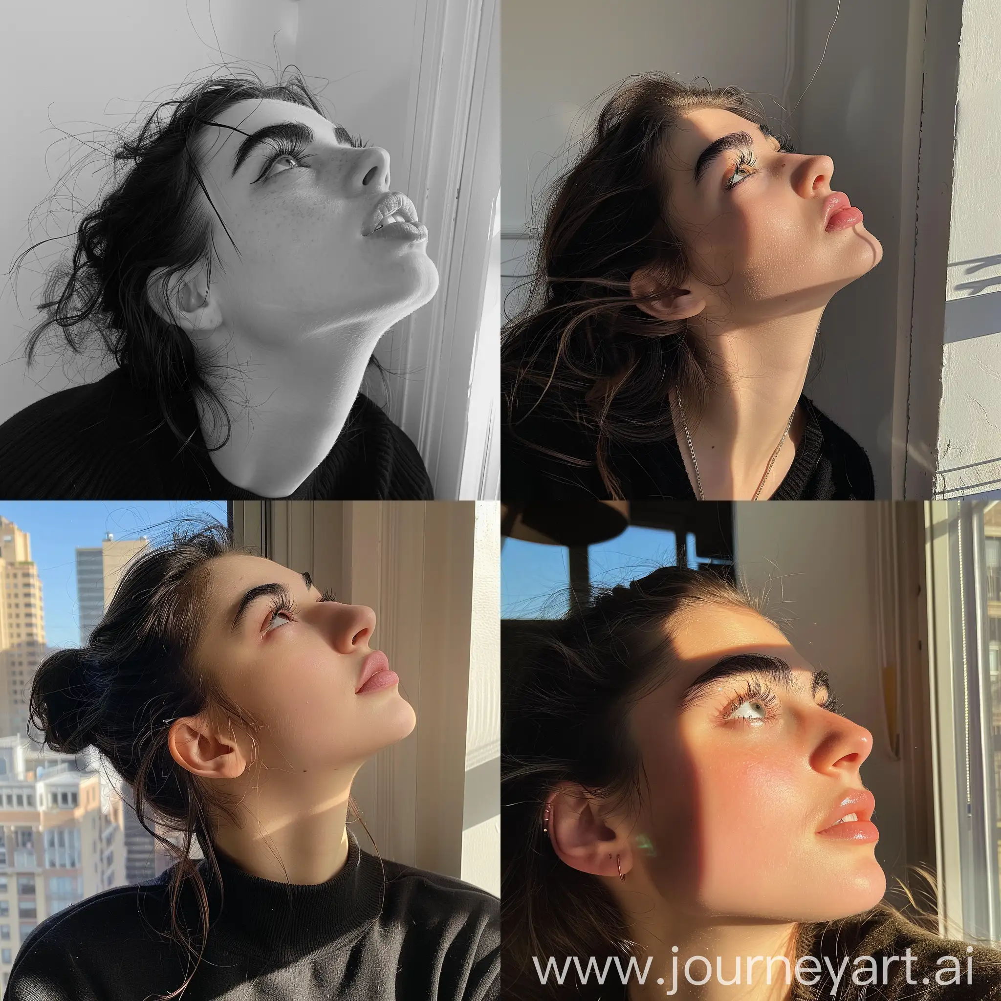 Aesthetic instagram selfie of a teenage girl, 15 years old, bushy eyebrows, super model face, wide set, new york apartment, looking up, eyelashes, slight smile, profile throw face away from room 9:16