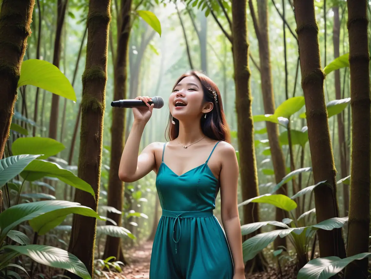 a 20-year-old Thai female, standing in a primeval forest, singing a famous song, enjoying the elegant life