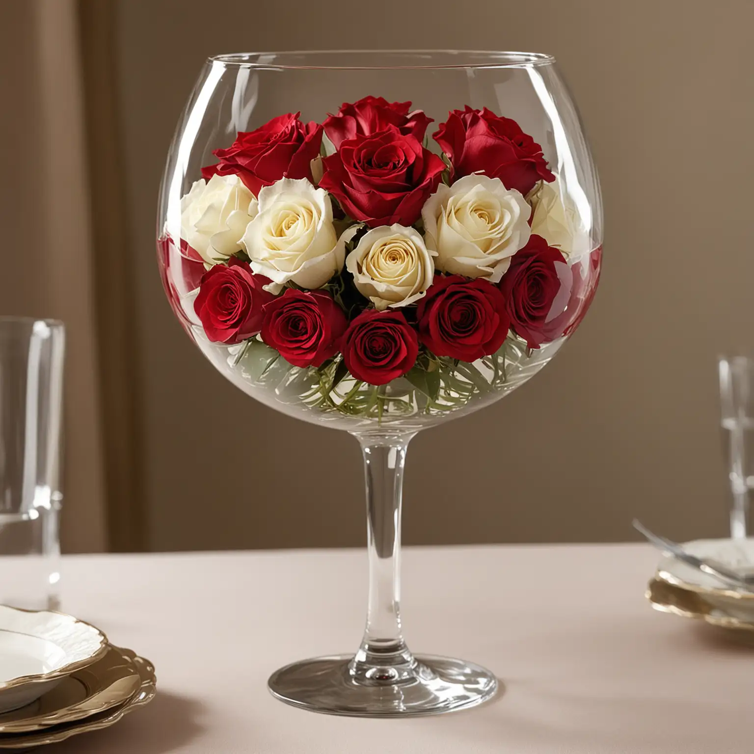 an elegant wedding centerpiece made from an oversized wine glass that holds the blossoms of red roses without stems inside the glass