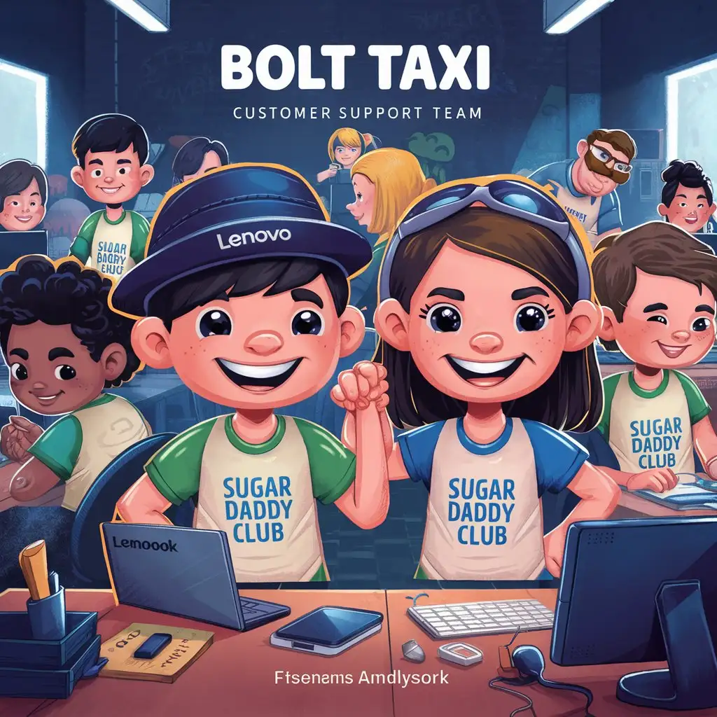 Cartoon style image for a team working for Bolt Taxi customer support team with eastern apperance. change laptop logo to Lenovo Chromebook. Remove glasses from some. On t-shirts “Sugar Daddy Club. One boy team lead and one girl quality lead on first row together, other members on background