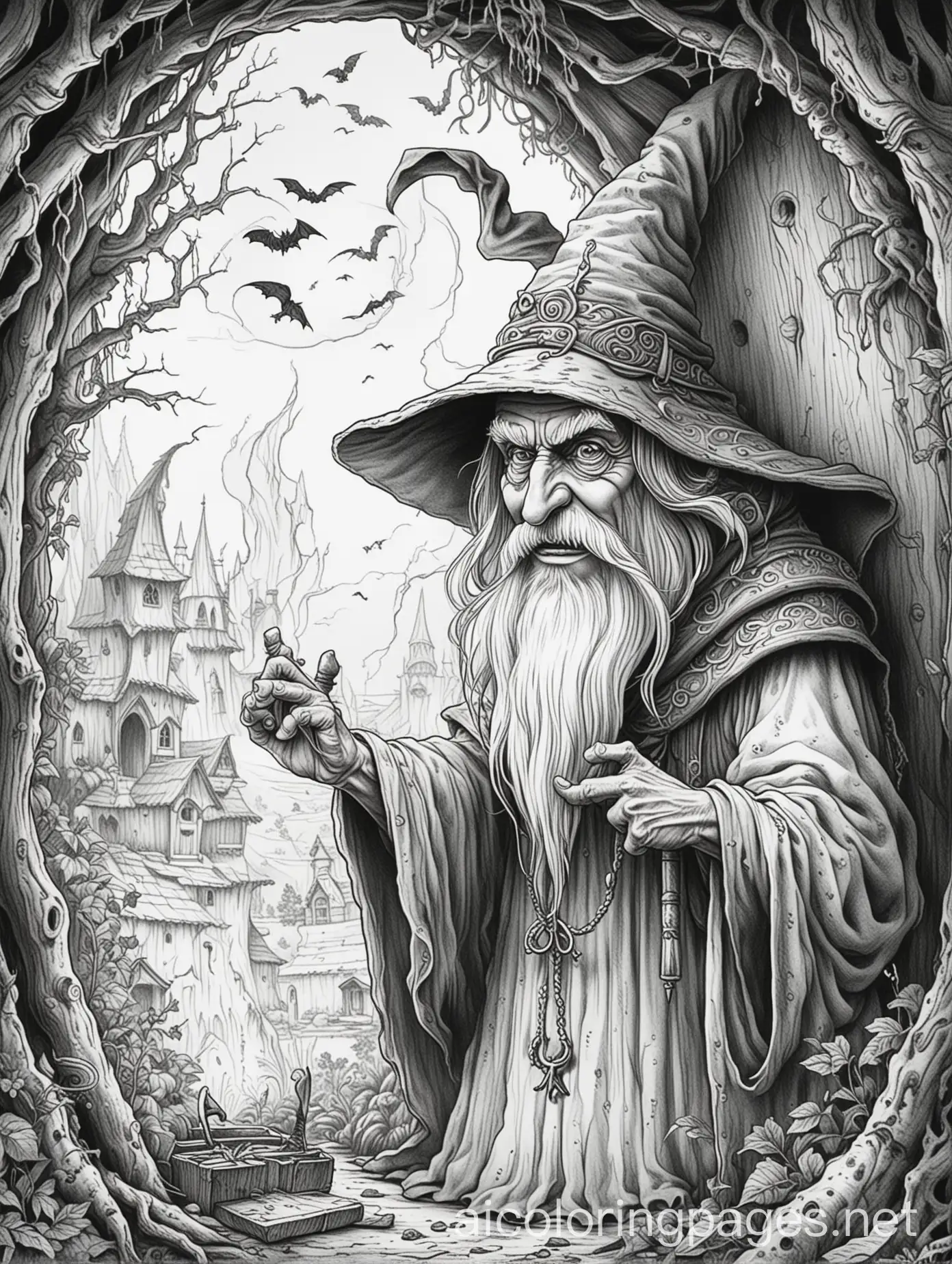 a scary wizard in a hut casting a spell, Coloring Page, black and white, line art, white background, Simplicity, Ample White Space. The background of the coloring page is plain white to make it easy for young children to color within the lines. The outlines of all the subjects are easy to distinguish, making it simple for kids to color without too much difficulty