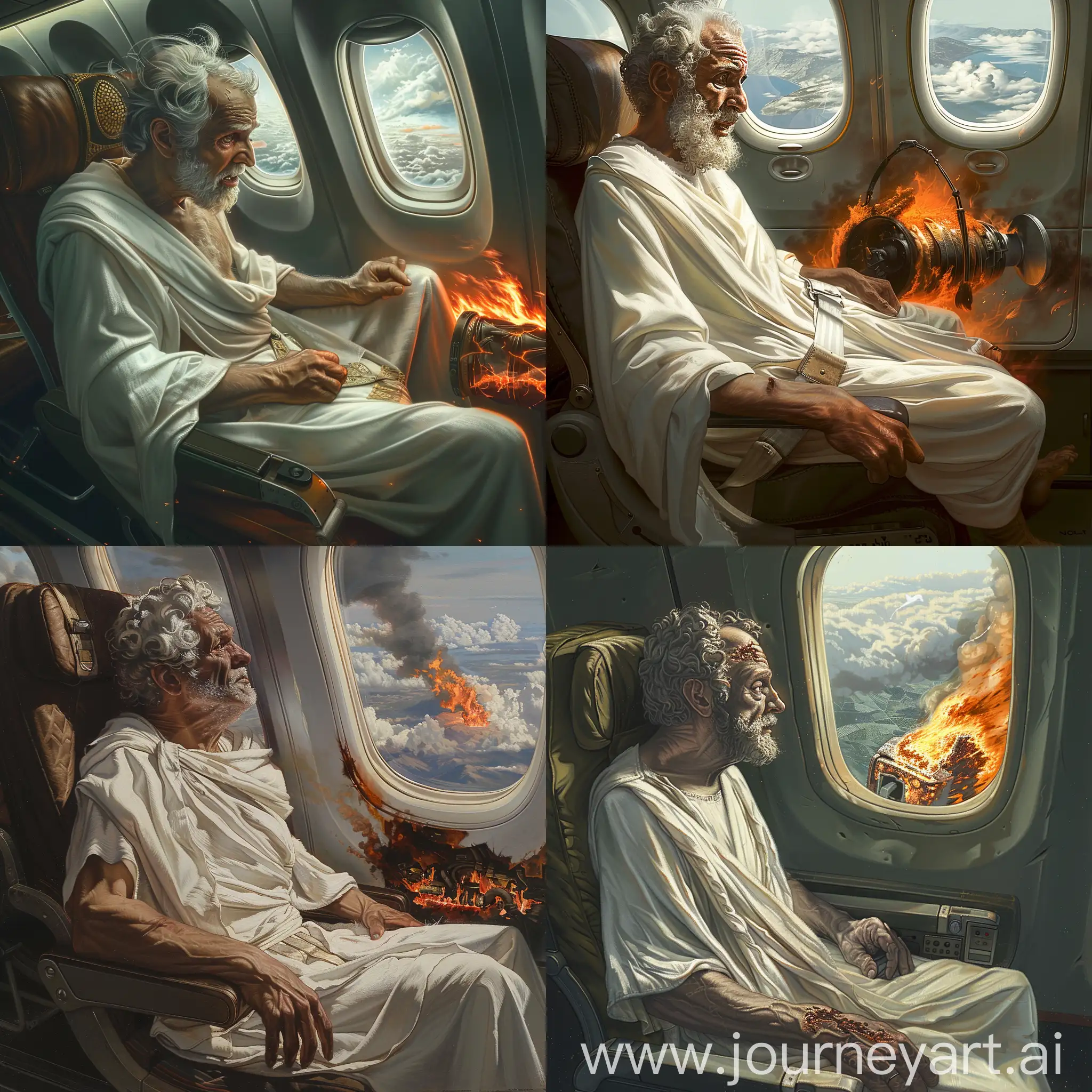 An ancient Greek philosopher in a white robe is sad, a bit afraid, he is flying on an airplane, sitting in a seat, looking out the window, and there is a burning engine of the plane under the wing 