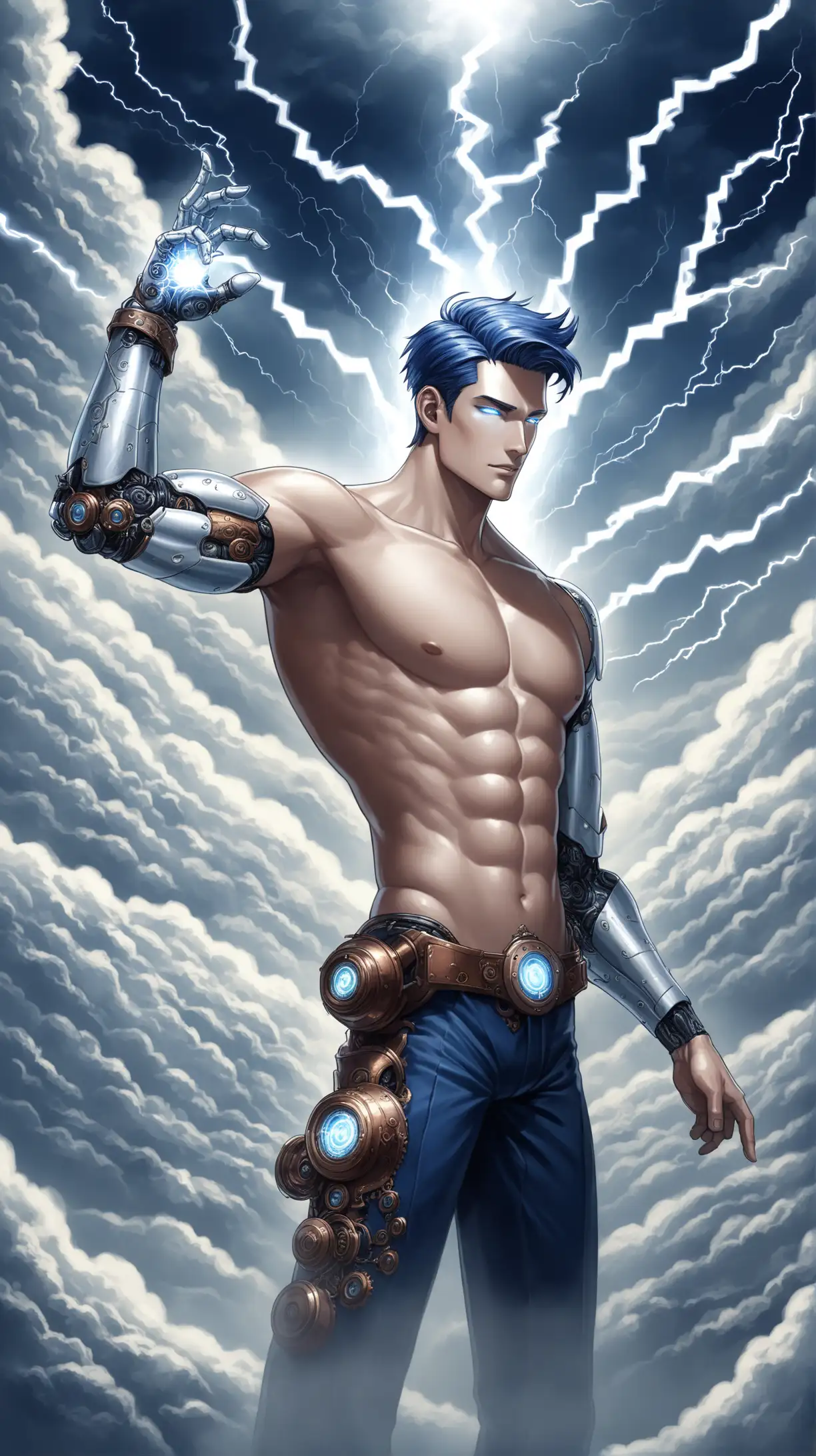  A handsome shirtless hunky male android with short navy blue hair, glowing eyes whose steampunk inspired left arm is made of silver. He holds his silver left arm high and gathering lightnings like a futuristic thunder god at the mountain top above the clouds
