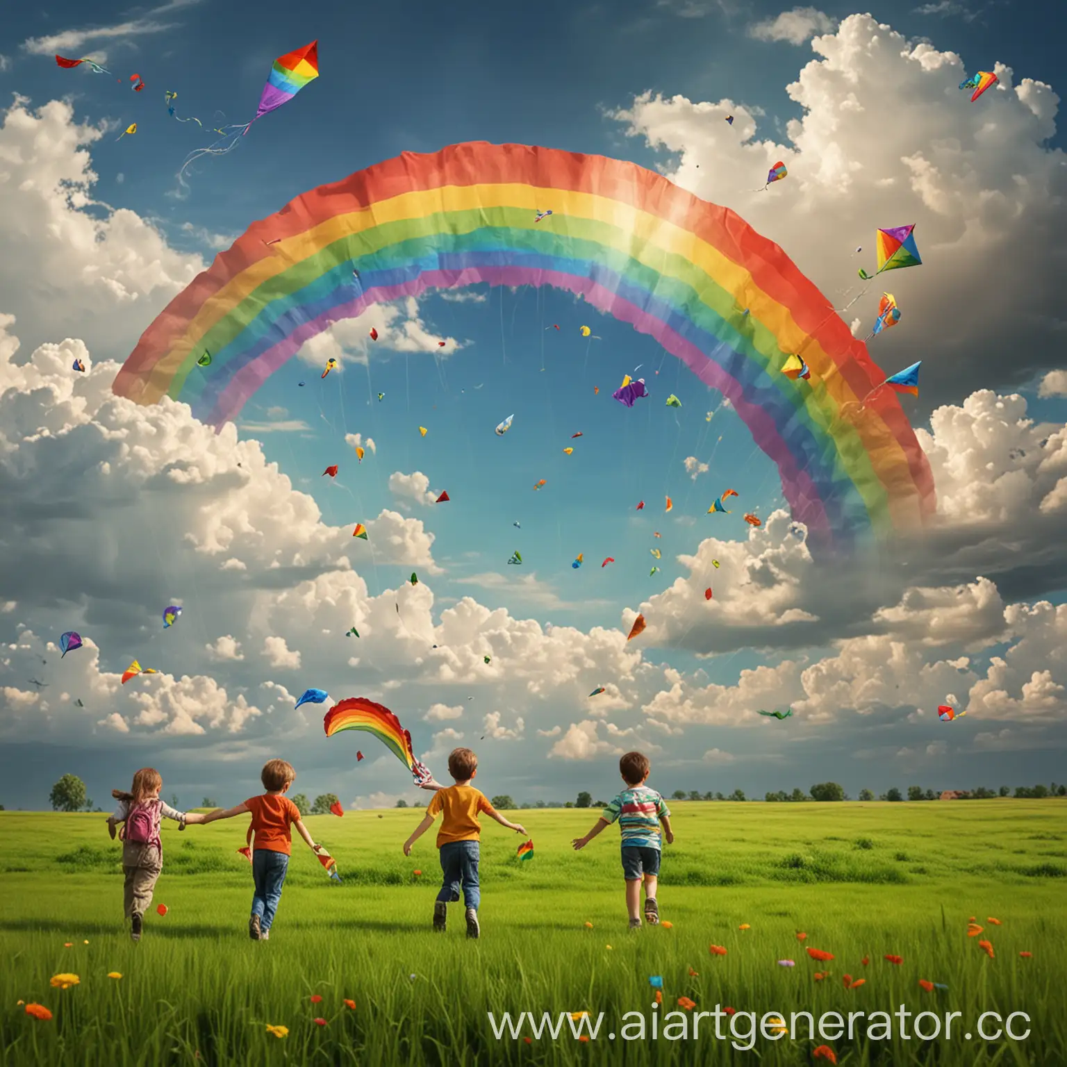 Joyful-Children-Running-in-Colorful-Field-with-Rainbow-and-Kites