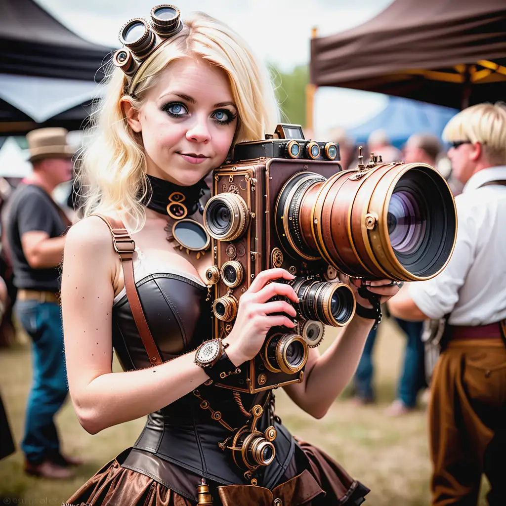 Tiny blonde woman holding large camera with gigantic lens atsteampunk festival.