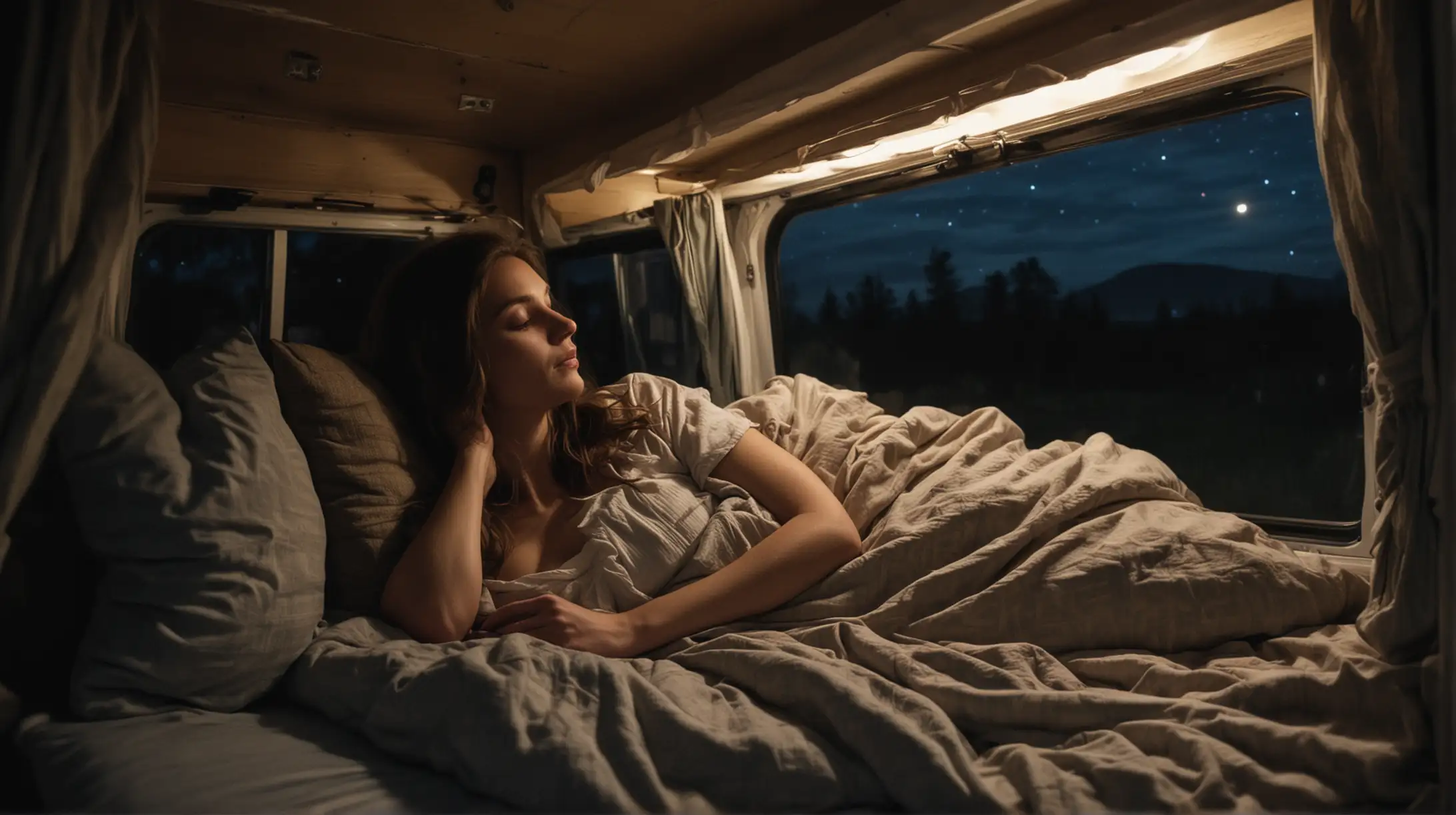 an beautiful woman peacefully sleeps in a camper van at night. The scene is dark Through the windows, a road leading off into the distance is visible, hinting at the tranquility of the surroundings. body stretched out and lieing down flat with head on pillow, the womans head resting on a pillow. Capture the serenity and coziness of the moment