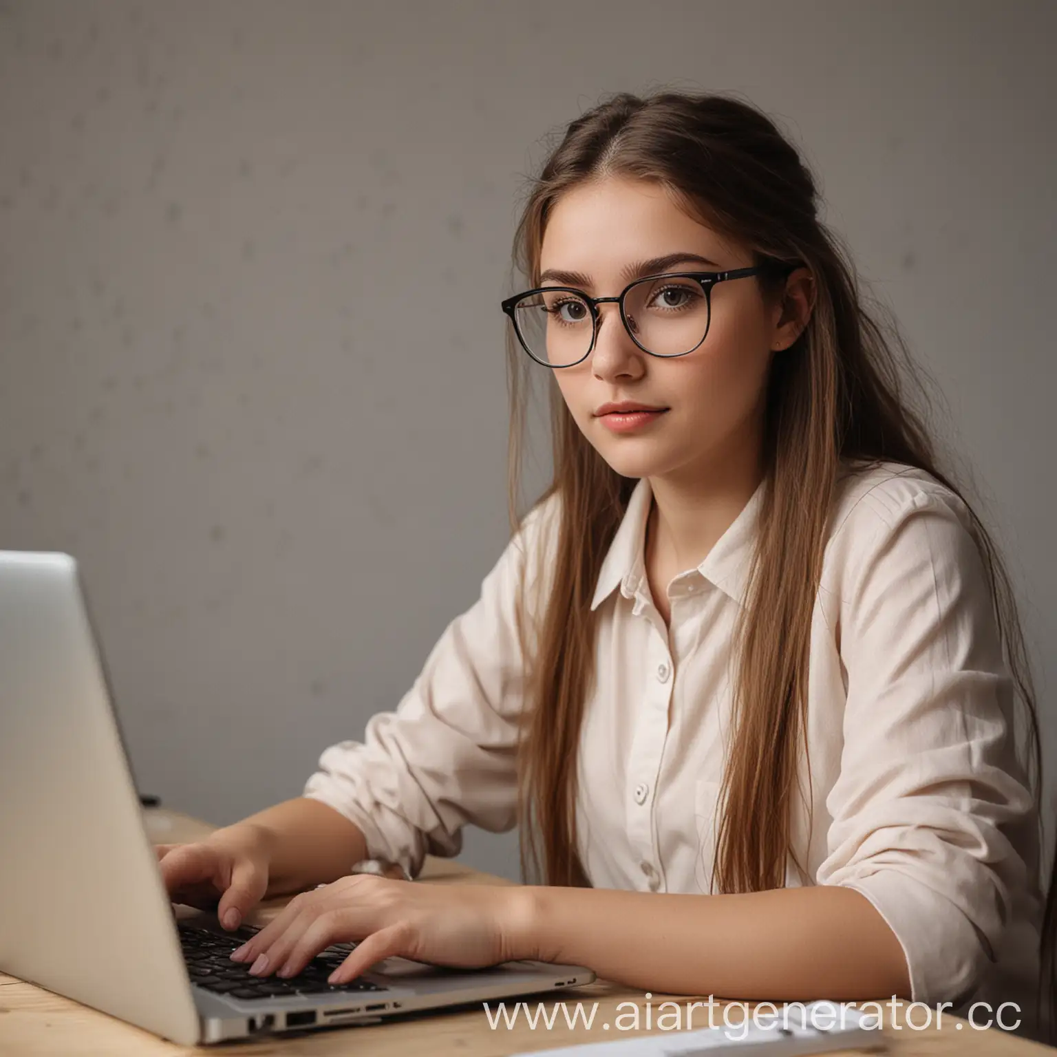 Девушка в очках сидит за компьютером