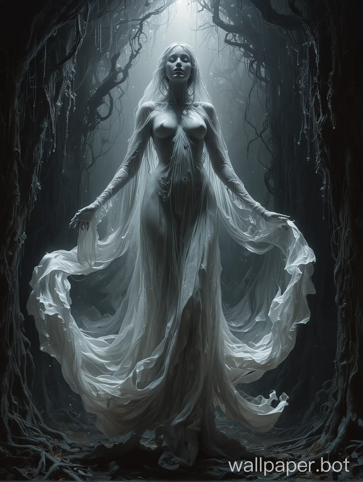 Within the confines of a hauntingly ethereal realm, a spectral being, curvy and endowed, hovers in the luminous abyss. This mesmerizing figure is a phantom-like being composed of shapes and shades that defy definition, their form shifting and undulating in a never-ending dance of light and shadow. The image is a hyper-realistic digital painting, meticulously rendered with startling detail and depth. Every pixel seems to pulsate with an otherworldly energy, drawing viewers into a trance-like state as they contemplate the enigmatic presence before them. This ghostly apparition is a masterful blend of artistry and mystique, a true testament to the power of imagination and creativity in the world of virtual art.