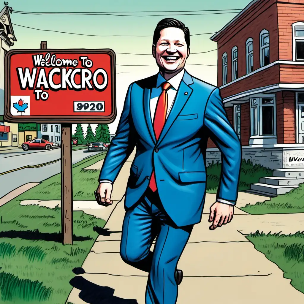 Canadian Conservative leader Pierre Poilievre walks by a town sign that says "Welcome to Wacko". He is laughing and wearing a blue suit. In the style of a political cartoon.