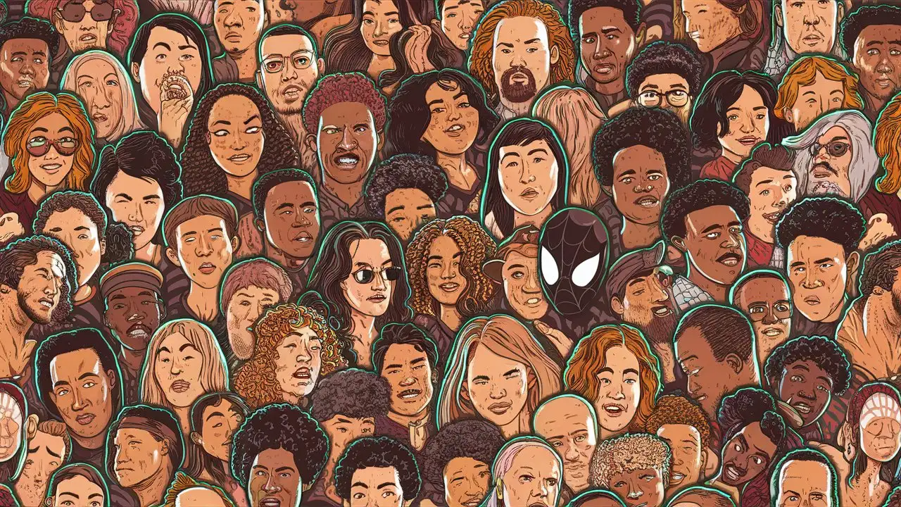 Diverse crowd of people - seamless banner of different hand drawn faces. seamless pattern black spiderman hidden in this faces.