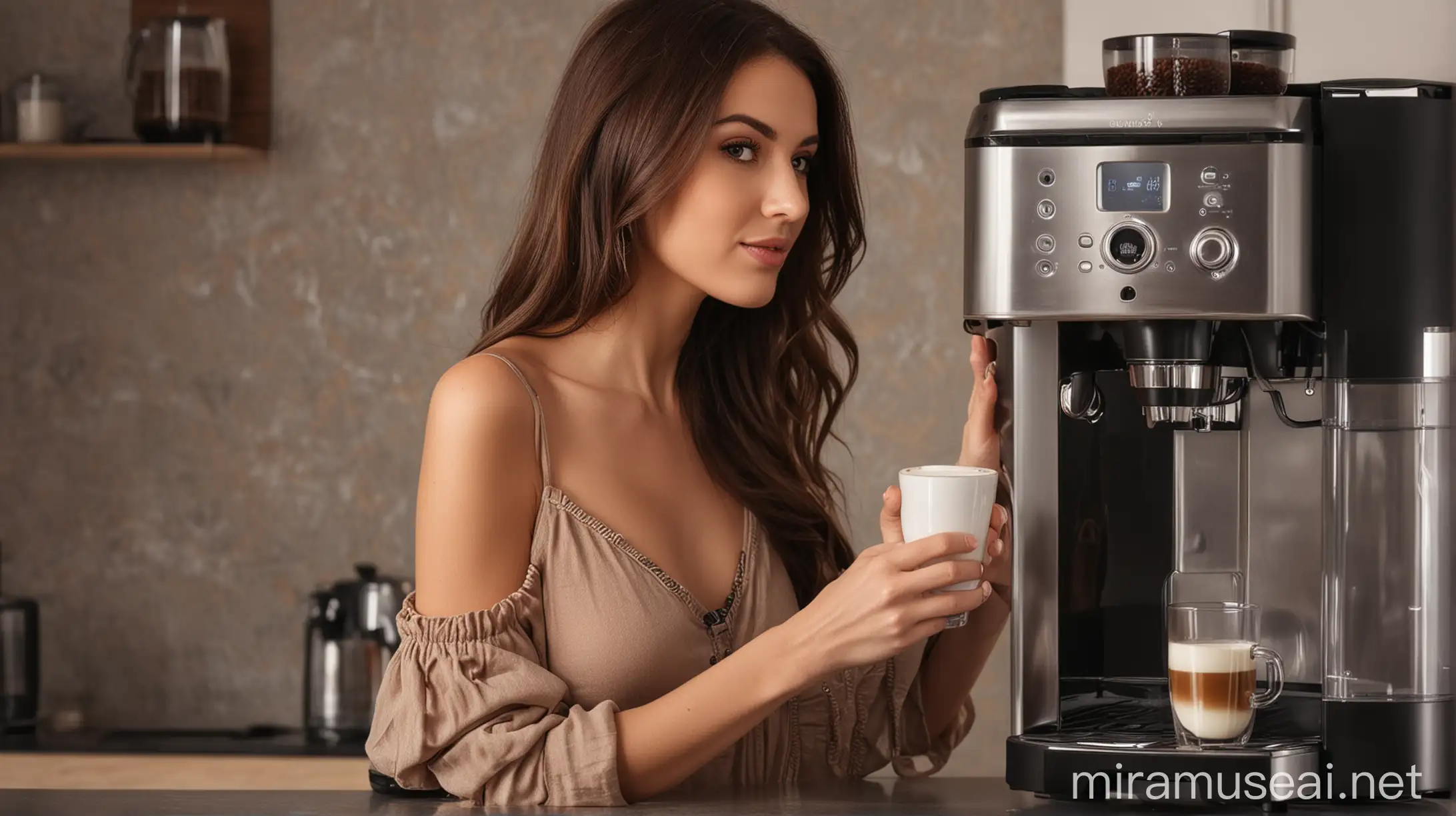 beutifull sexy woman coffee machine close to her