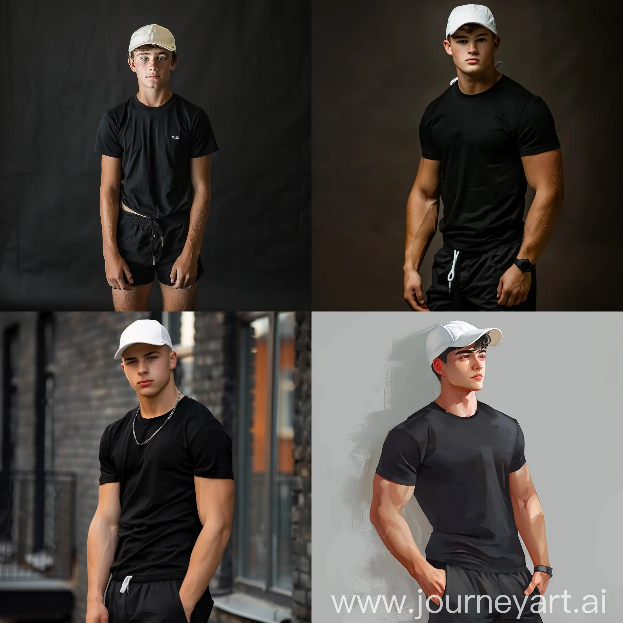 A muscular build handsome 16-year-old boy, wearing black shorts, a black t-shirt and a white baseball cap