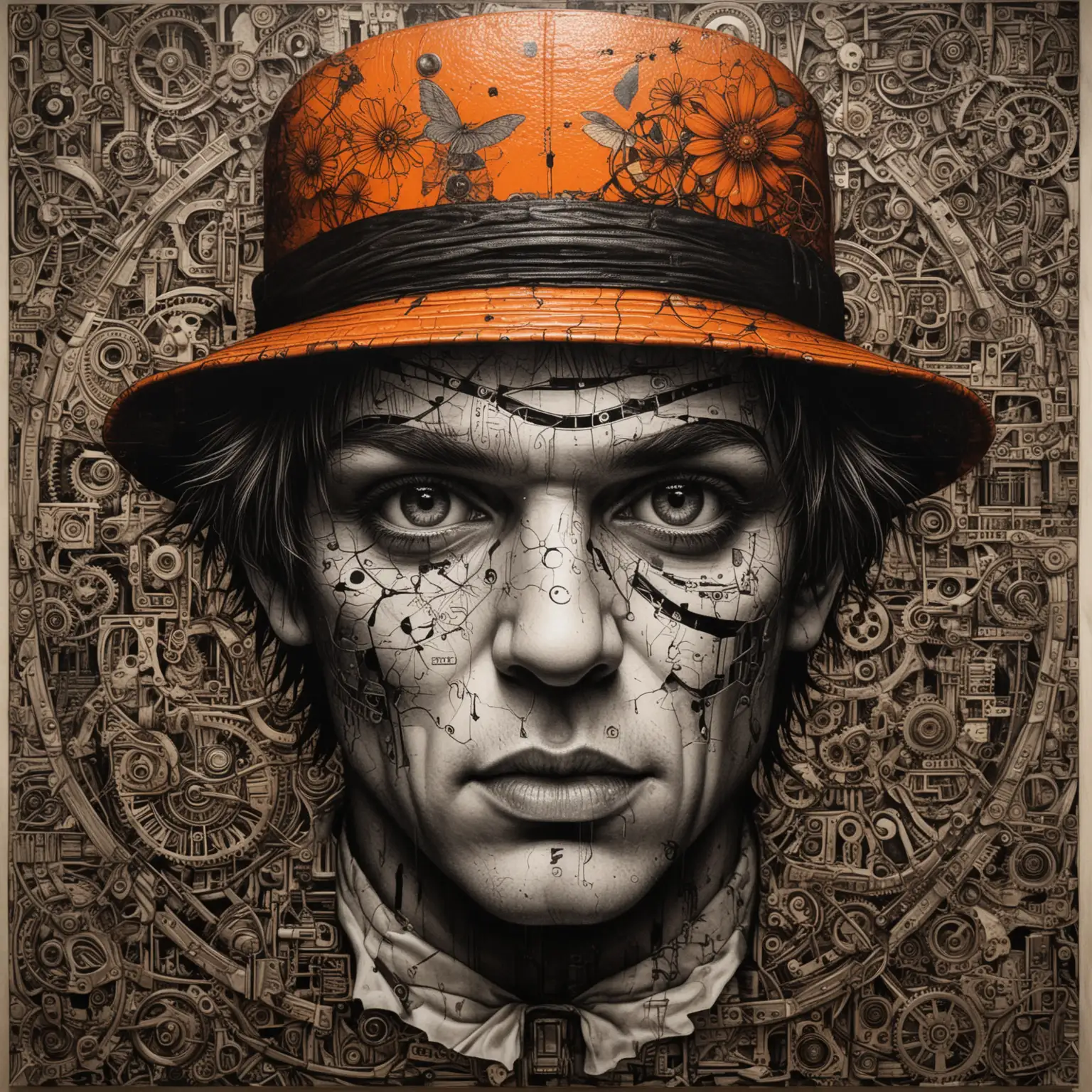 Zio Ziegler Clockwork Orange Art Abstract Portrait with Intricate Patterns and Vibrant Colors