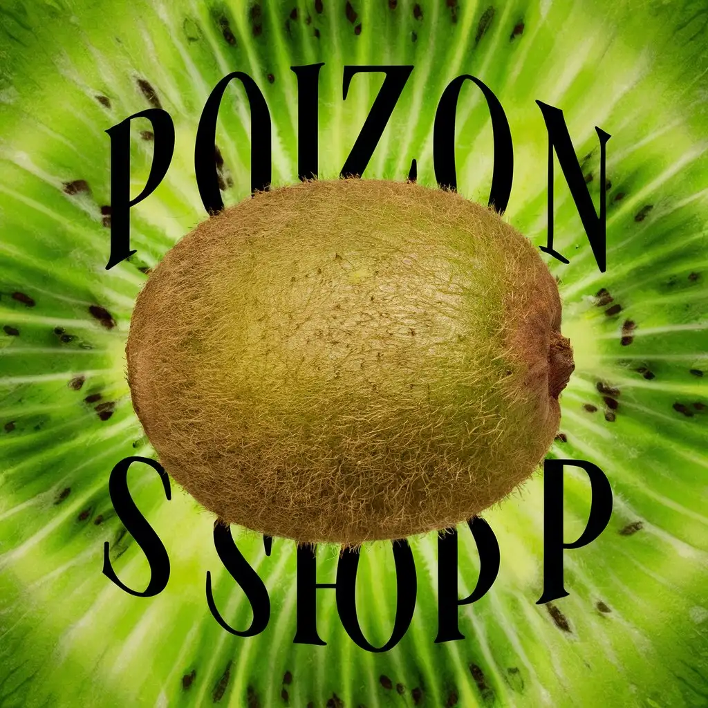целый фрукт киви, на фоне надписи "poizon shop" 