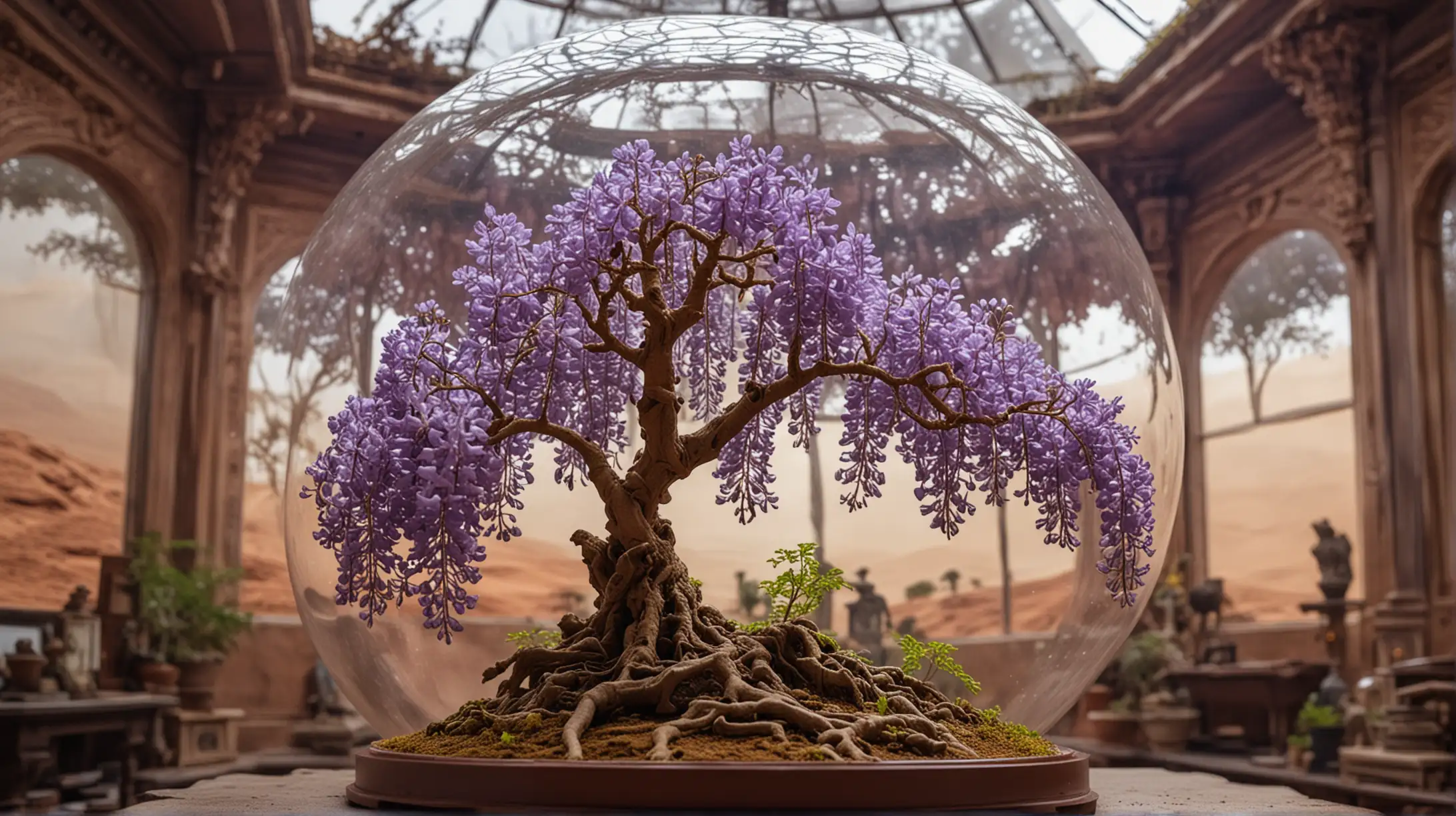 stunning wisteria bonsai on Mars surface under glass dome