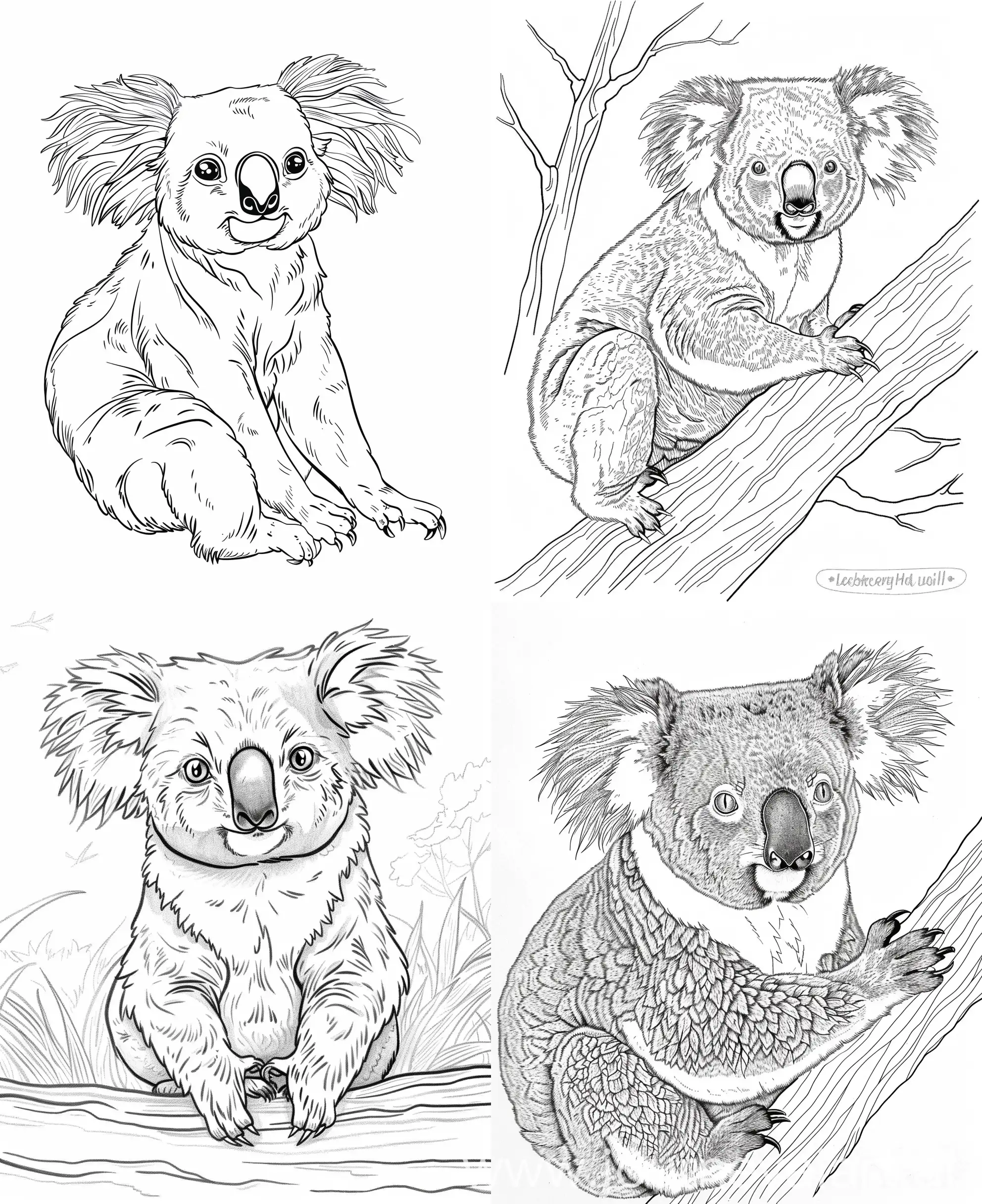 Coloring page of a cute Koala, use clean lines and leave plenty of white space for coloring, simple line art, one line art, clean and minimalistic line, --ar 9:11 