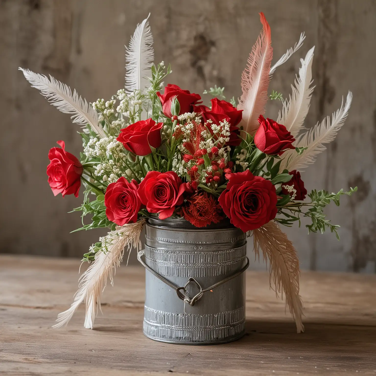 a small boho wedding centerpiece with fringe embellishments and red roses and wildflowers and feathers in a hand painted tin can vase