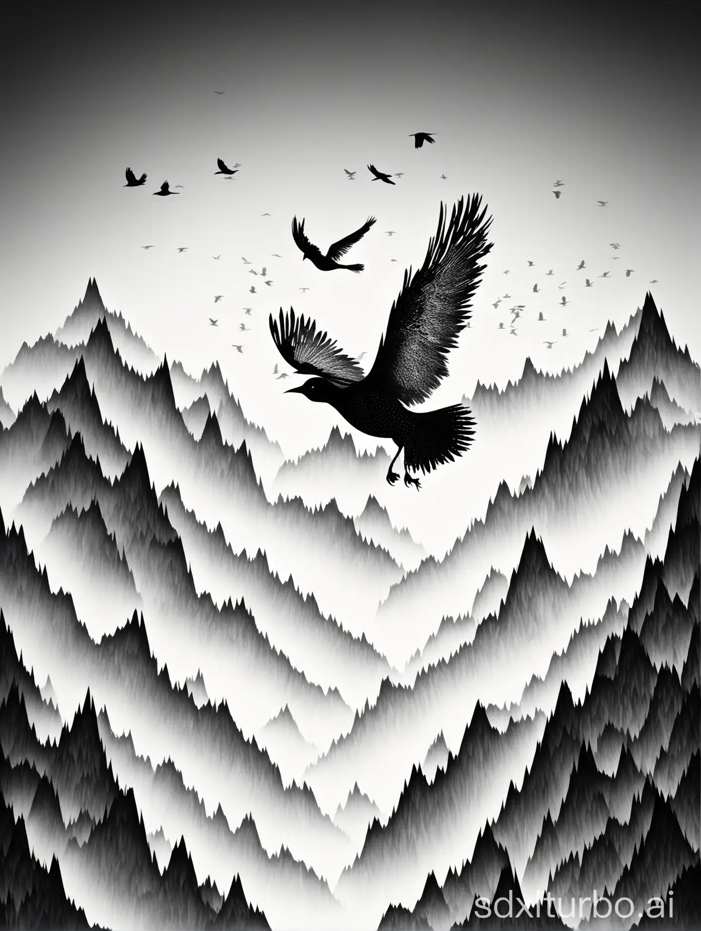 On a pure white background, countless tiny and delicate black dotted textures coalesce into a bird spreading its wings and flying high, with full plumage and graceful posture. At the same time, these dotted textures also ingeniously form a majestic mountain with overlapping peaks, towering and magnificent. Between the bird and the mountain, light and shadow intermingle, creating a dreamy and three-dimensional visual effect. The bird seems to be chasing the contours of the mountain, and the entire image is filled with a sense of motion and harmony. 