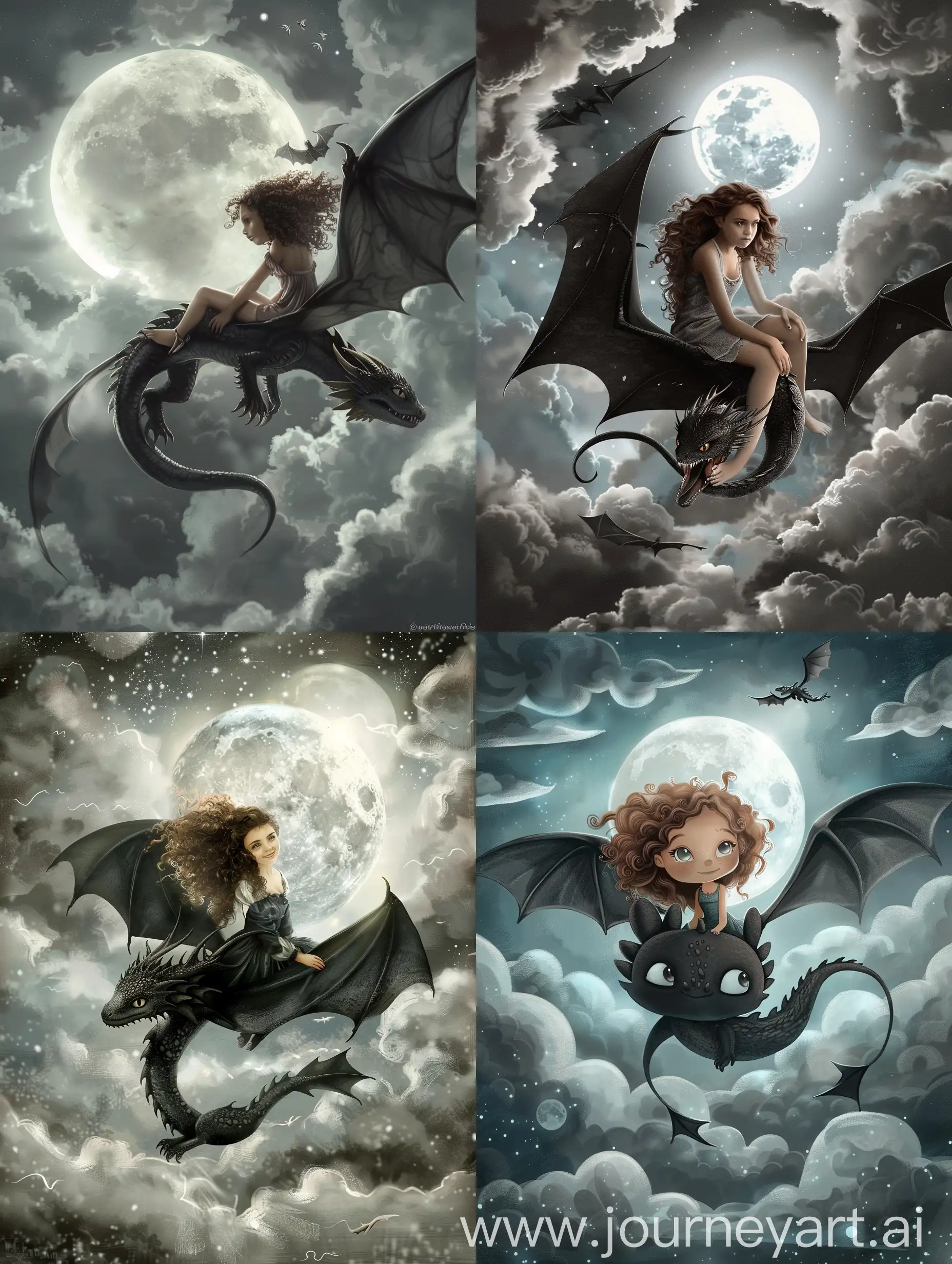 Девушка с кудрявыми коричневыми волосами, которая сидит верхом на летящем черном драконе в серых облаках и сияющей луной 
