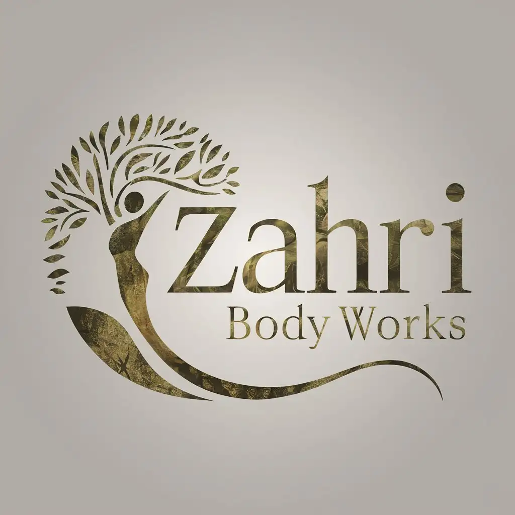 a logo design,with the text "Zahri Body Works", main symbol:a logo design,with the text 'Zahri Body Works', main symbol: Symbol: A combination of a tree and a human figure, where the branches of the tree seamlessly form the shape of a person. This symbolizes growth, natural healing, and holistic wellness. Color Palette: Earthy tones such as deep greens and browns, reflecting a connection to nature and holistic health. Typography: A warm, inviting serif font with a slight flourish to give it a natural and organic feel. ‘Zahri’ could be styled in a cursive or script font to add a personal touch, while ‘Body Works’ is in a clean, readable font. Design Elements: Use of organic shapes and textures to enhance the natural and holistic theme.,Moderate,clear background,complex,clear background,Minimalistic,be used in Beauty Spa industry,clear background