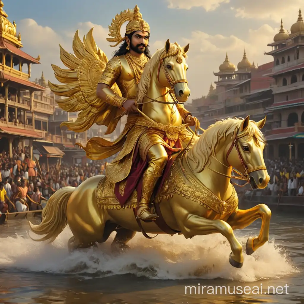 lord Kallazhagar, rides a golden horse into the Vaigai river 