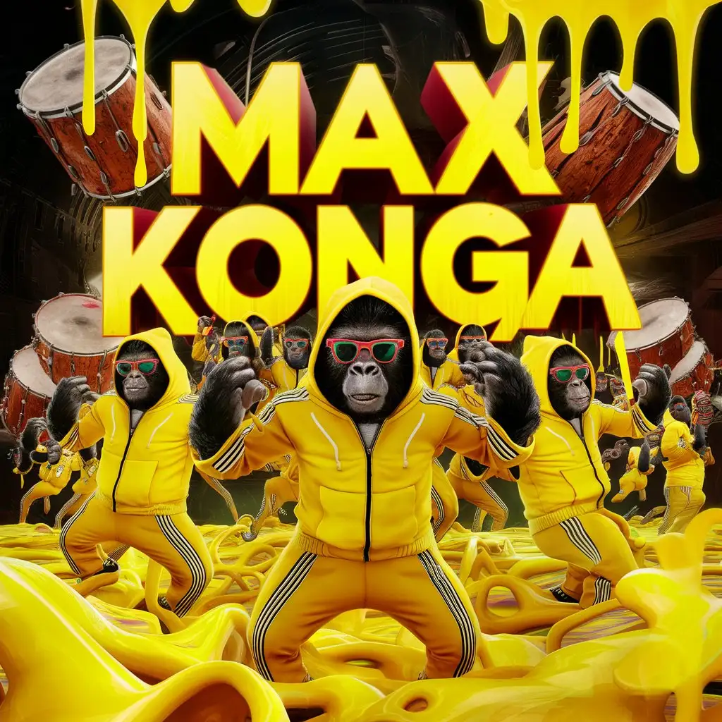 the words "MAX KONGA"  in a background in a BOLD mad max font style and colorful drippy slime with bright neon yellow colors and conga drums. gorilla people faces wearing sunglasses and yellow tracksuits with hoodies. in a drippy slime