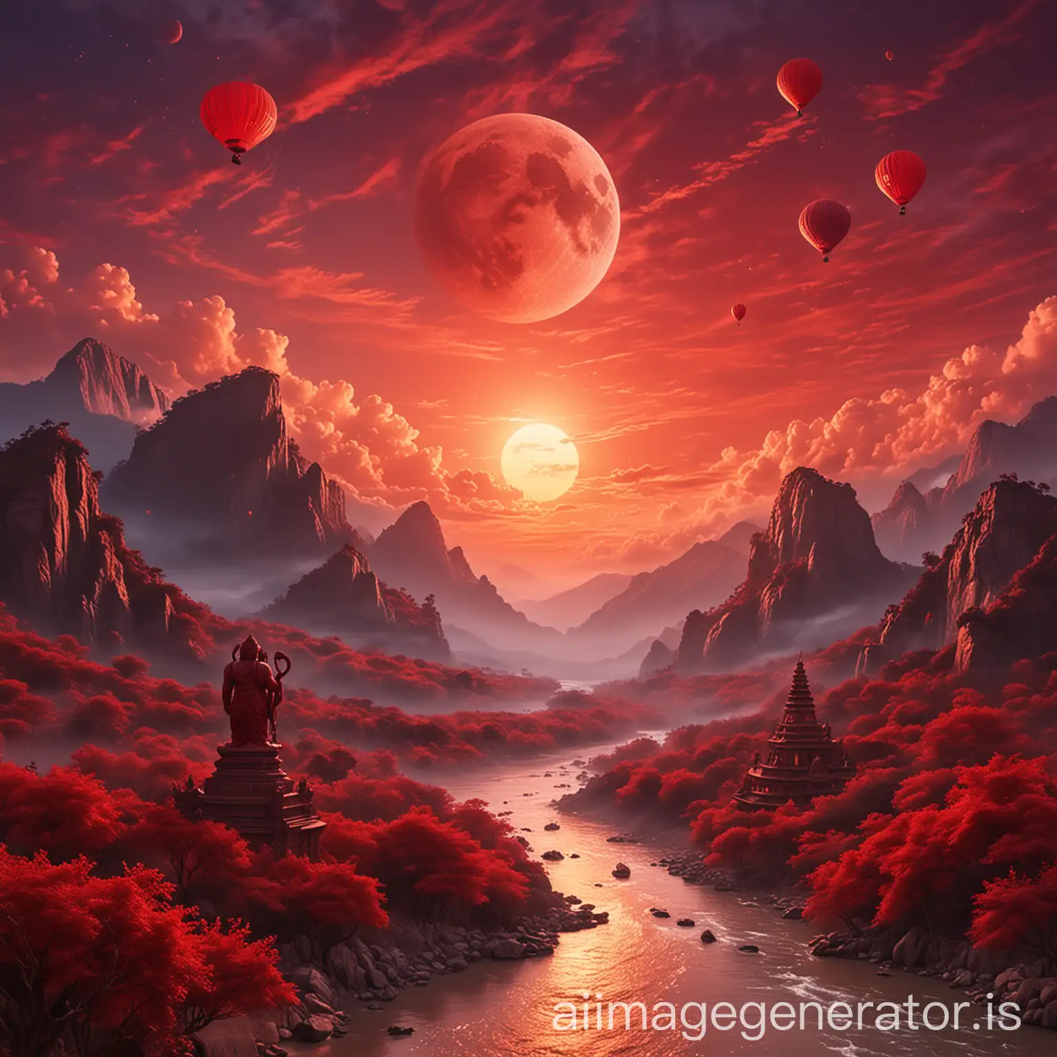 Red cloudy sky with red moon and red mountains with hot balloons on sky, red jungle with Bajrangbali statue with flowing river