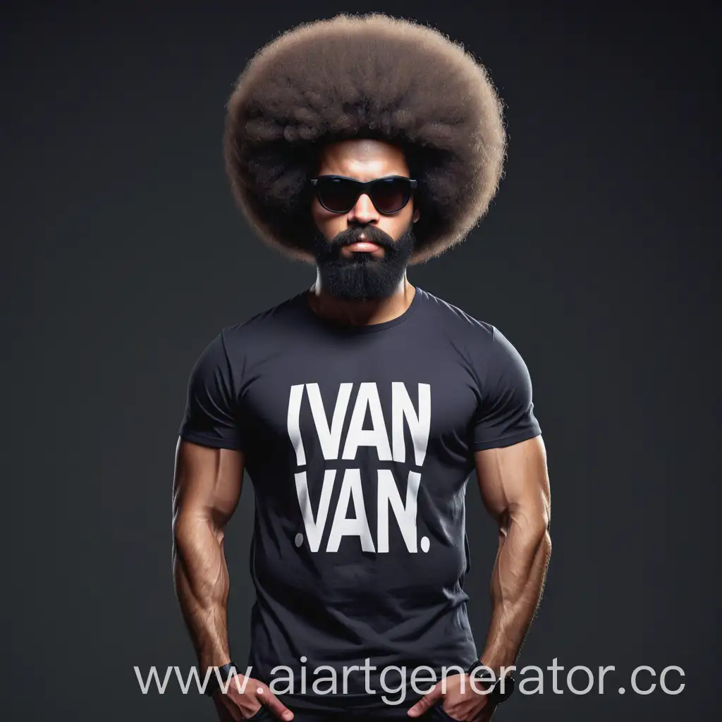 Надпись "IVAN" на майке. большой афро. накаченный. крутой. борода. стоит. мужик.