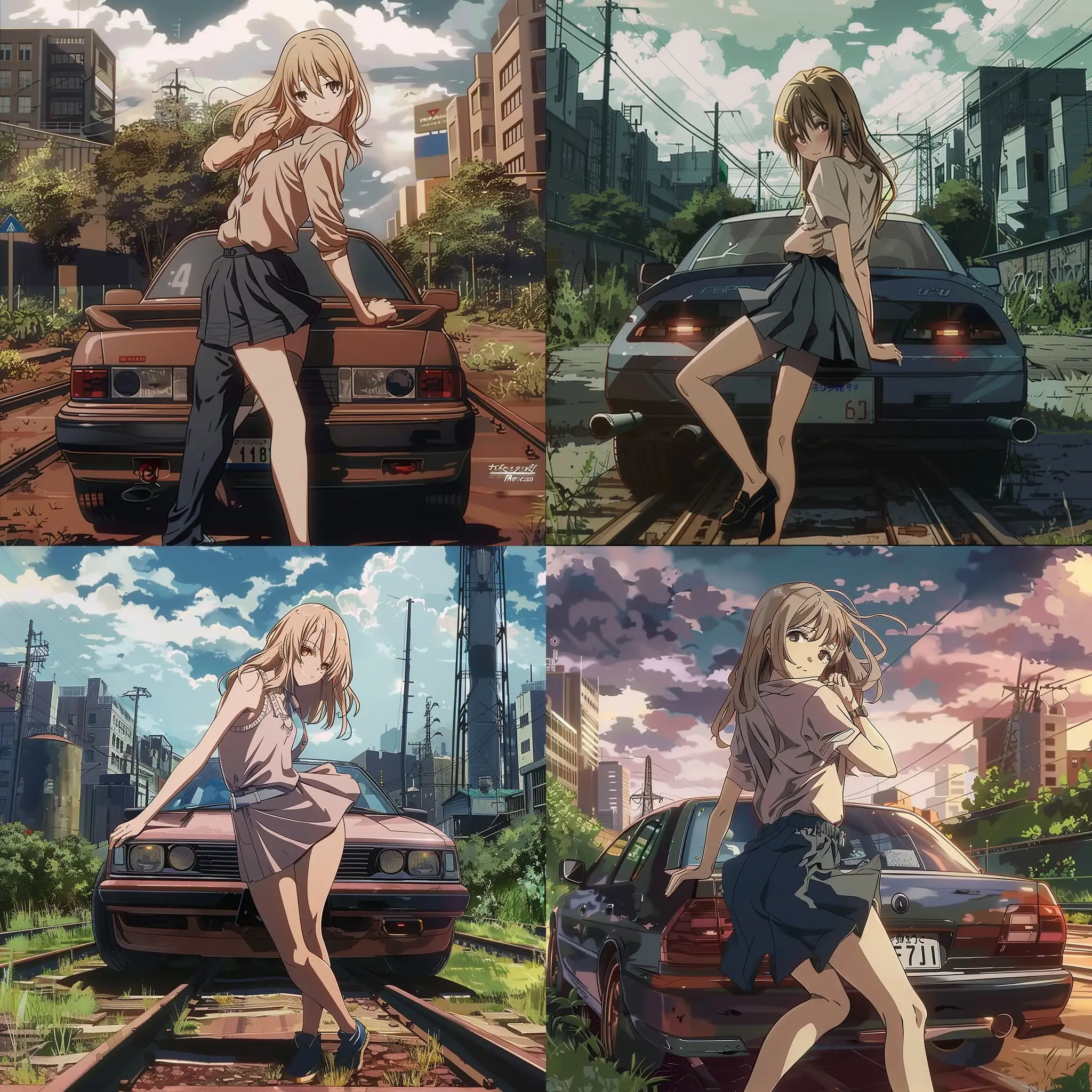 anime, cyberpunk, car, girl leans on the car, outside the city