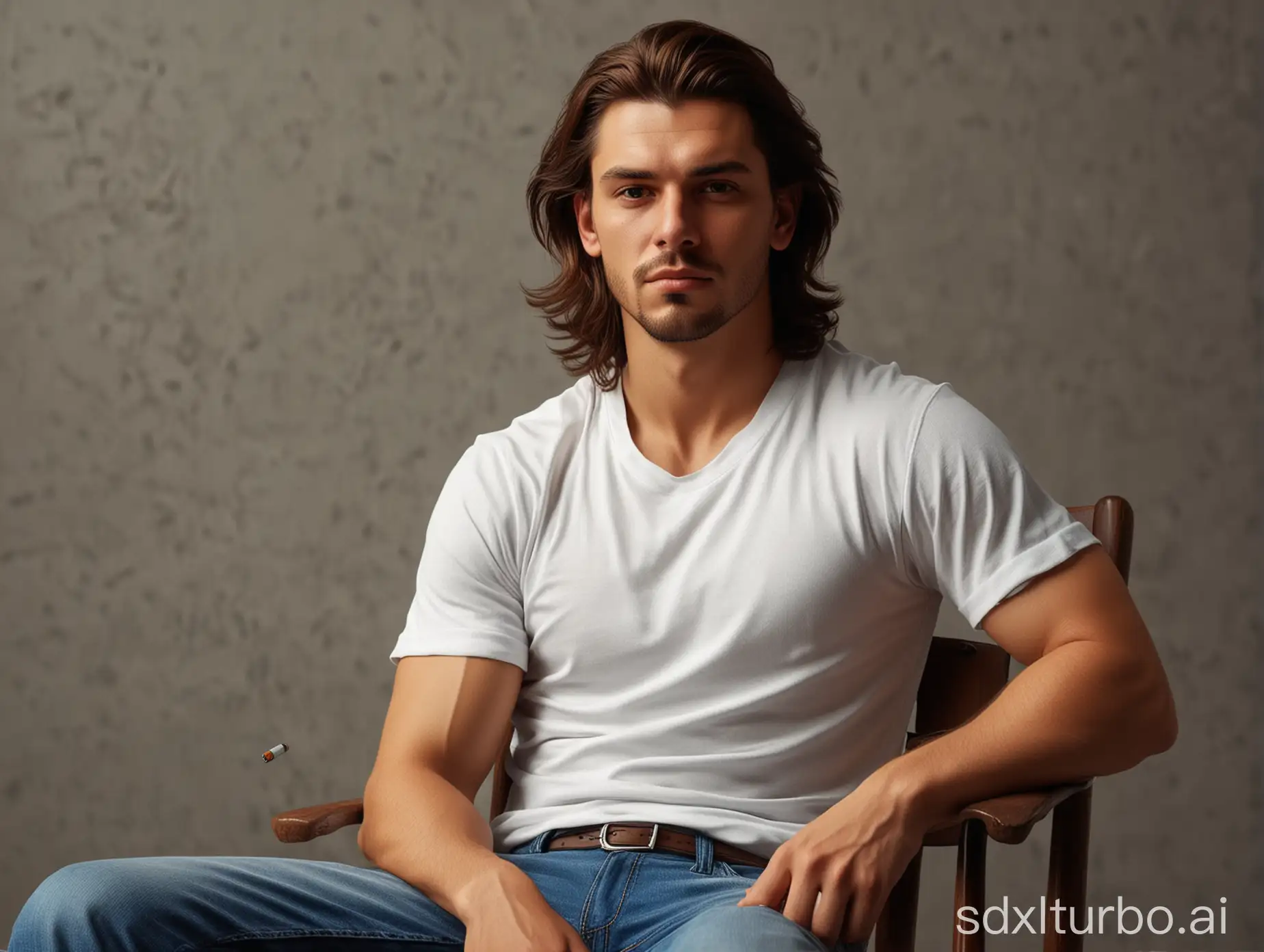 Incredibly handsome guy, with long brown hair and brownish amber eyes, dressed in a white rocker-style white T-shirt and blue jeans squinting at a cigarette, looking cheeky., perfect composition, beautiful detailed intricate insanely detailed octane render trending on artstation, 8 k, photorealistic concept art, soft natural volumetric cinematic perfect light, chiaroscuro,  masterpiece, caravaggio, greg rutkowski