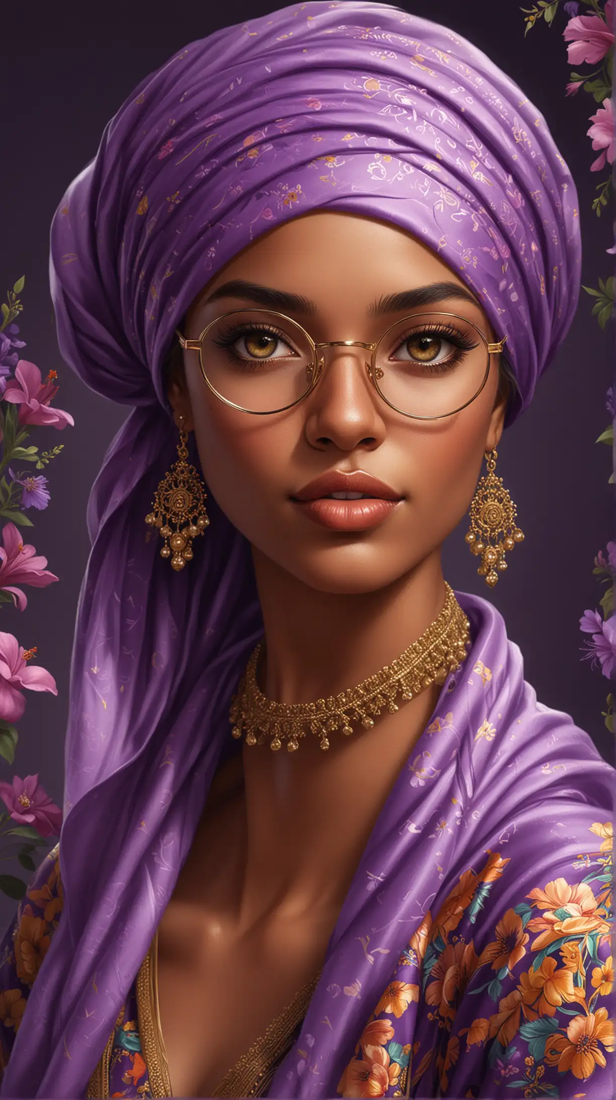 Illustrate a digital art portrait of a female character with a rich ebony complexion that exhudes sophistication and artistry. She should have prominent, striking eyes with long, dramatic eyelashes, and she should be wearing elegant round glasses with a gold frame. Her hair shoul be styled in a vibrant headscarf lavishly adorned with colouful and elaborate floral patterns, including large purple blooms. The character should be neutral and simple to ensure the focus remains on the character, and there should be no text included in the image. The image should have the aesthetic of an art prompt guide cover, embodying a blend of modern and classical elegance.