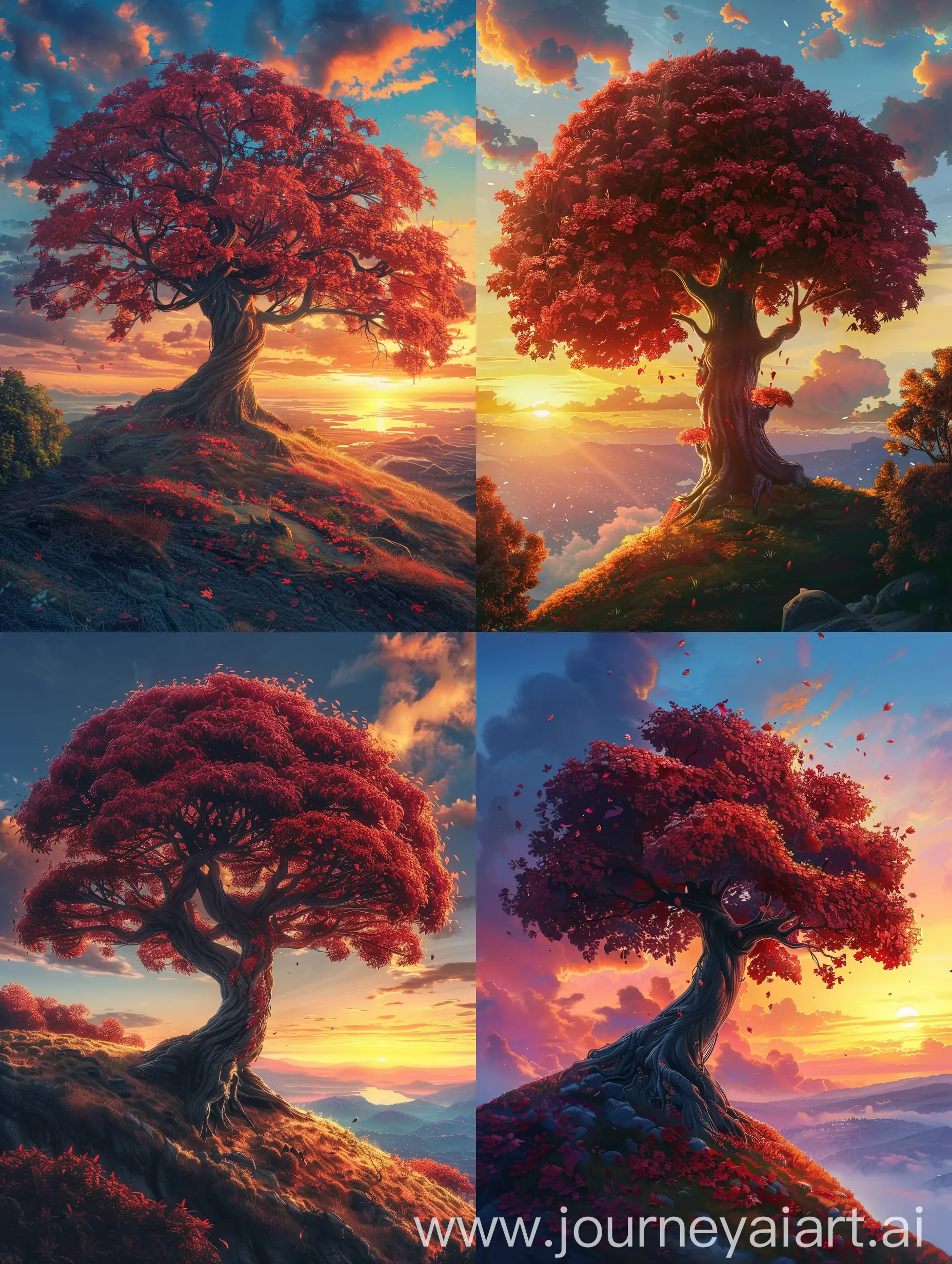 painting of a huge tree with red leaves on a hill with a sunset in the background, beautiful art uhd 4 k, 4k highly detailed digital art, dream scenery art, scenery artwork, 4k detailed digital art, anime landscape wallpaper, amazing wallpaper, detailed painting 4 k, dreamy landscape, amazing landscape, 4 k hd wallpaper very detailed, a beautiful landscape, fantasy art landscape

