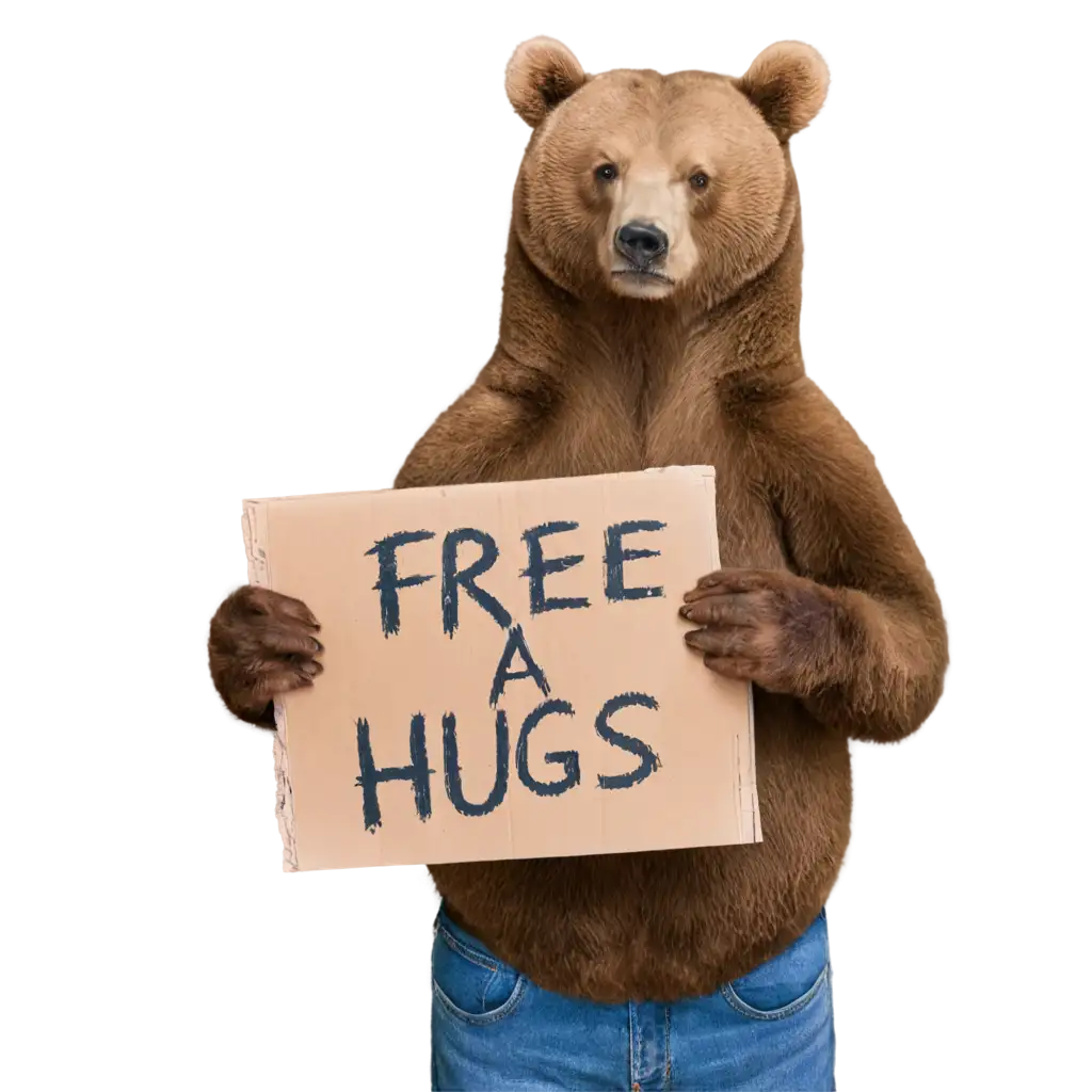 Bear holding a free hugs sign