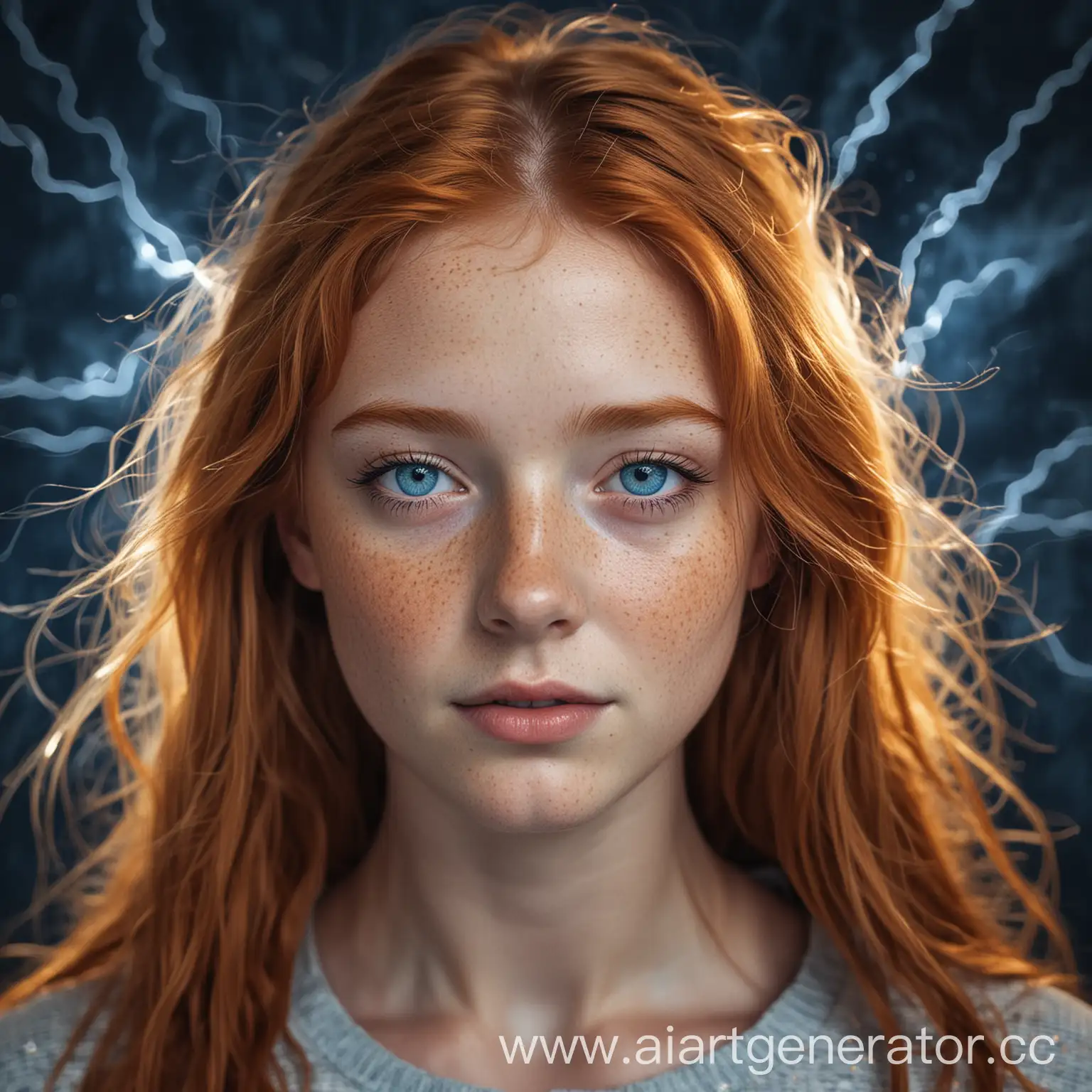 Девушка с светло рыжими волосами с синими глазами с веснушками на фоне молний