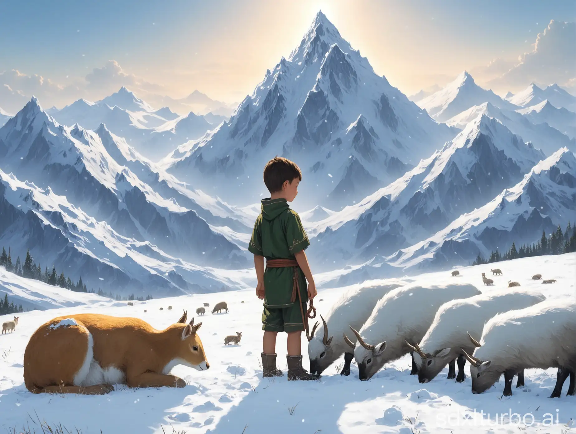 snow mountain pasturing boy protecting animal