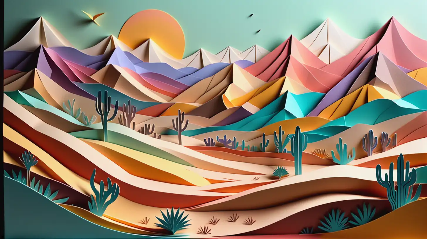 laser-cut paper illustration, multi-layered paper, high-detail colored paper, beautiful pastel colors  кишлак казахский пустыня  пашня 