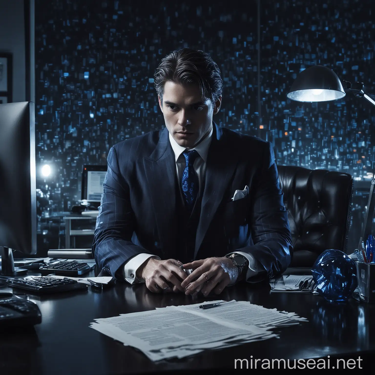 A bulked shredded man dressed in a suit, sitting in his very dark office of luxury, the office only has blue shiny luxurious objects emitting a little amount of blue and silverish light, he holds a handwritten paper on his hand , there is an apple computer on his desk, the background is of midnight with only moonlight shining over the scene, he his looking towards you