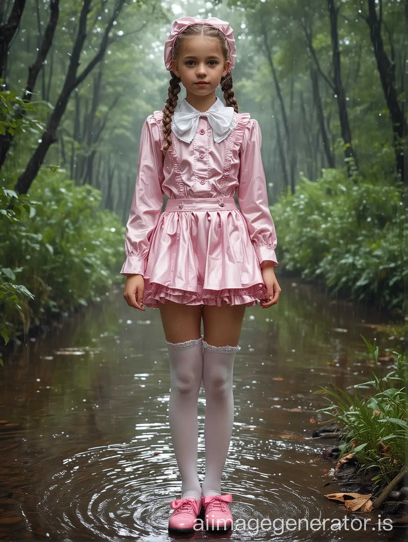 Realistic photography in the very best ULTRA FULL HD quality. the image shows the whole girl including the extremely shiny legs while she is stepping out of a forest lake in a strong summer rain. Face, skin and clothes look very realistic and very rich in texture. eyes and face are not blurry but very clear and in the best ULTRA FULL HD quality. Full shot of a pretty French girl. she is exactly 10 years old. she is very skinny and has a very white skin. dark blond hair, two braids. dark brown eyes. she wears a very short sweet Lolita outfit: extremely shiny pink satin shirt. buttoned up and collared with a big white collar. long puffy sleeves. shiny pink satin ribbon over the collar. extremely shiny latex children pinafore. very shiny white pantyhose. big shiny satin ribbon in the hair over the head. very shiny patent leather shoes. not any deformed body parts. not any additional body parts. not any missing body parts. no jewellery. no elements made of metal on her clothes or in the hair.